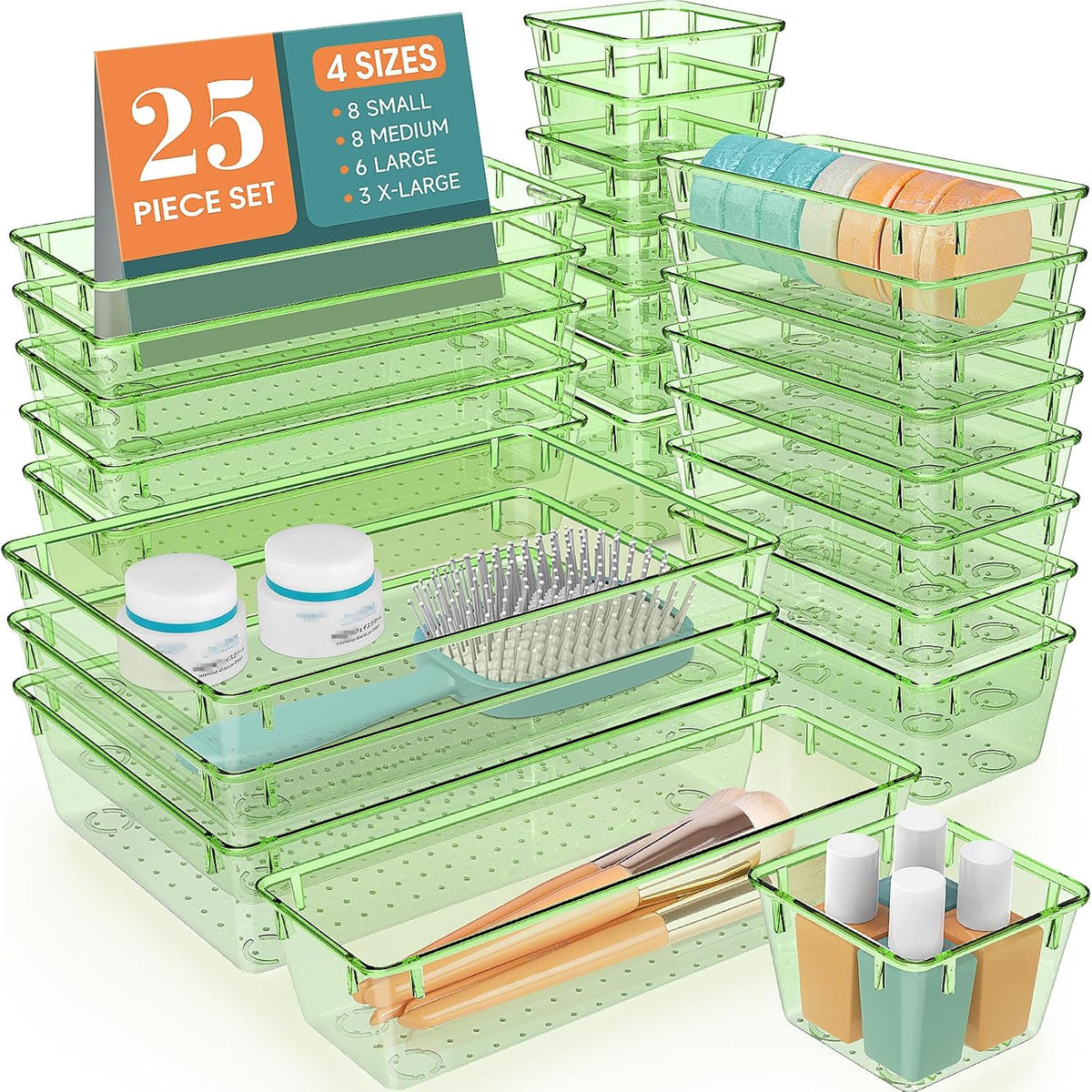 WOWBOX 25 PCS Plastic Drawer Organizer Set, 4 Sizes Desk Drawer Divider Organizers and Storage Bins
