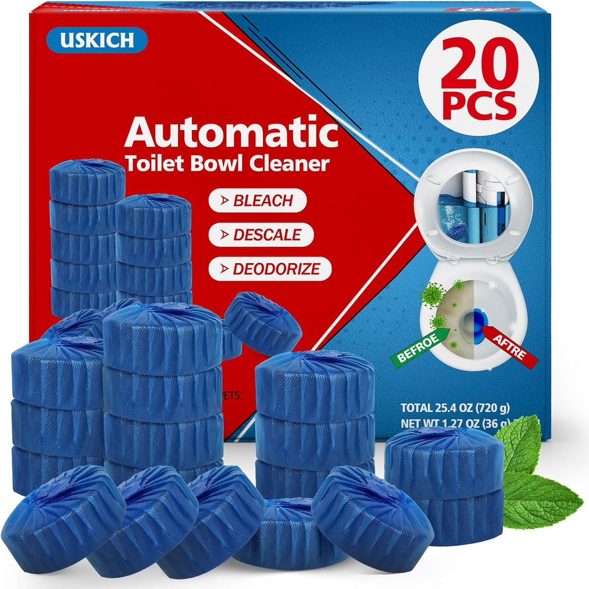 USKICH 20 Pack Toilet Bowl Cleaner Tablets,Blue Automatic Toilet Tank Cleaners, Long-Lasting