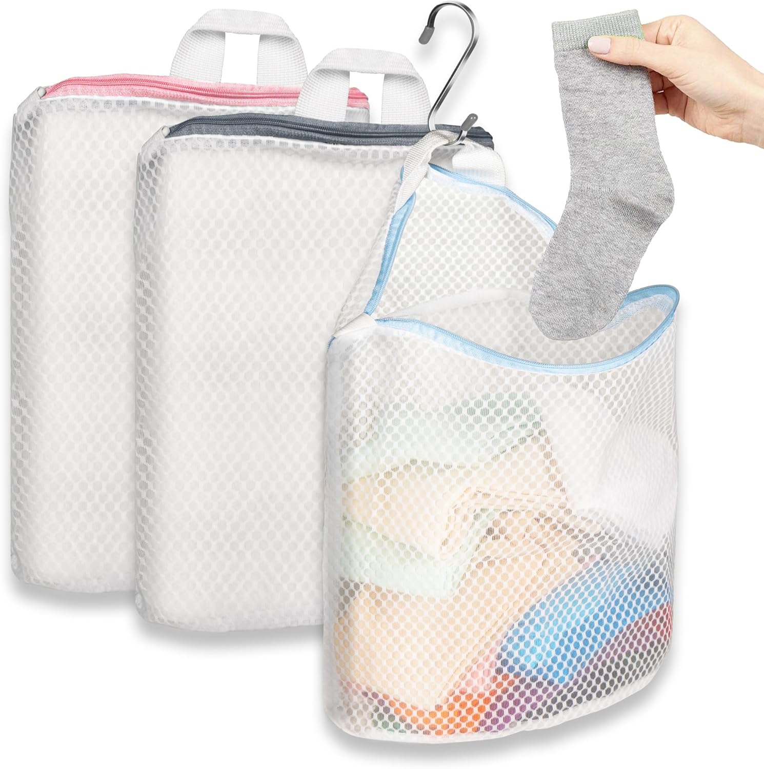 3Pcs Hanging Laundry Bags for Socks with S Hooks, 12 X 10 inch 3 Color Mesh Laundry Bags for