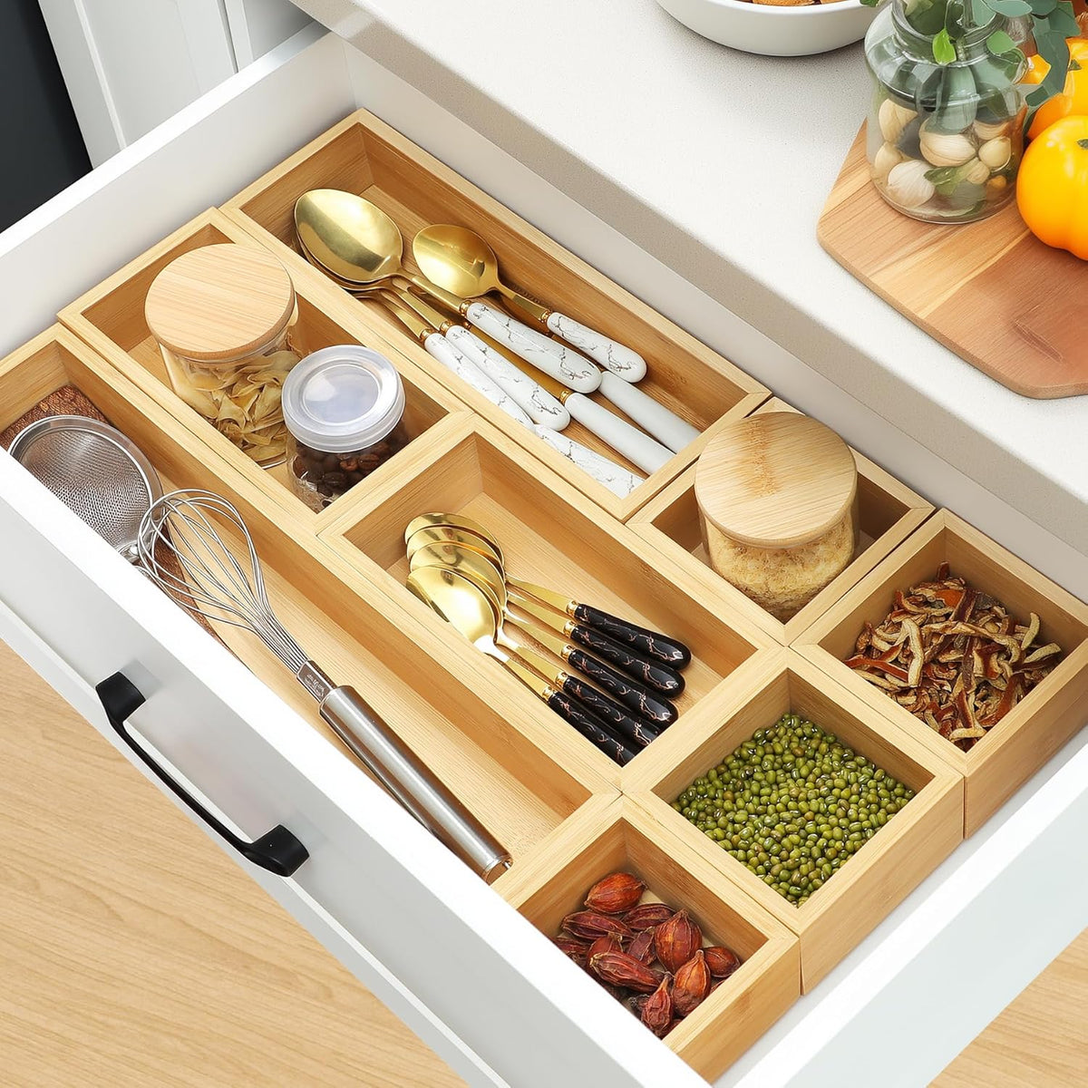 Bamboo Drawer Organizer Set, 9 PCS Multi-Use Individual Wood Storage Organizers, Junk Drawer