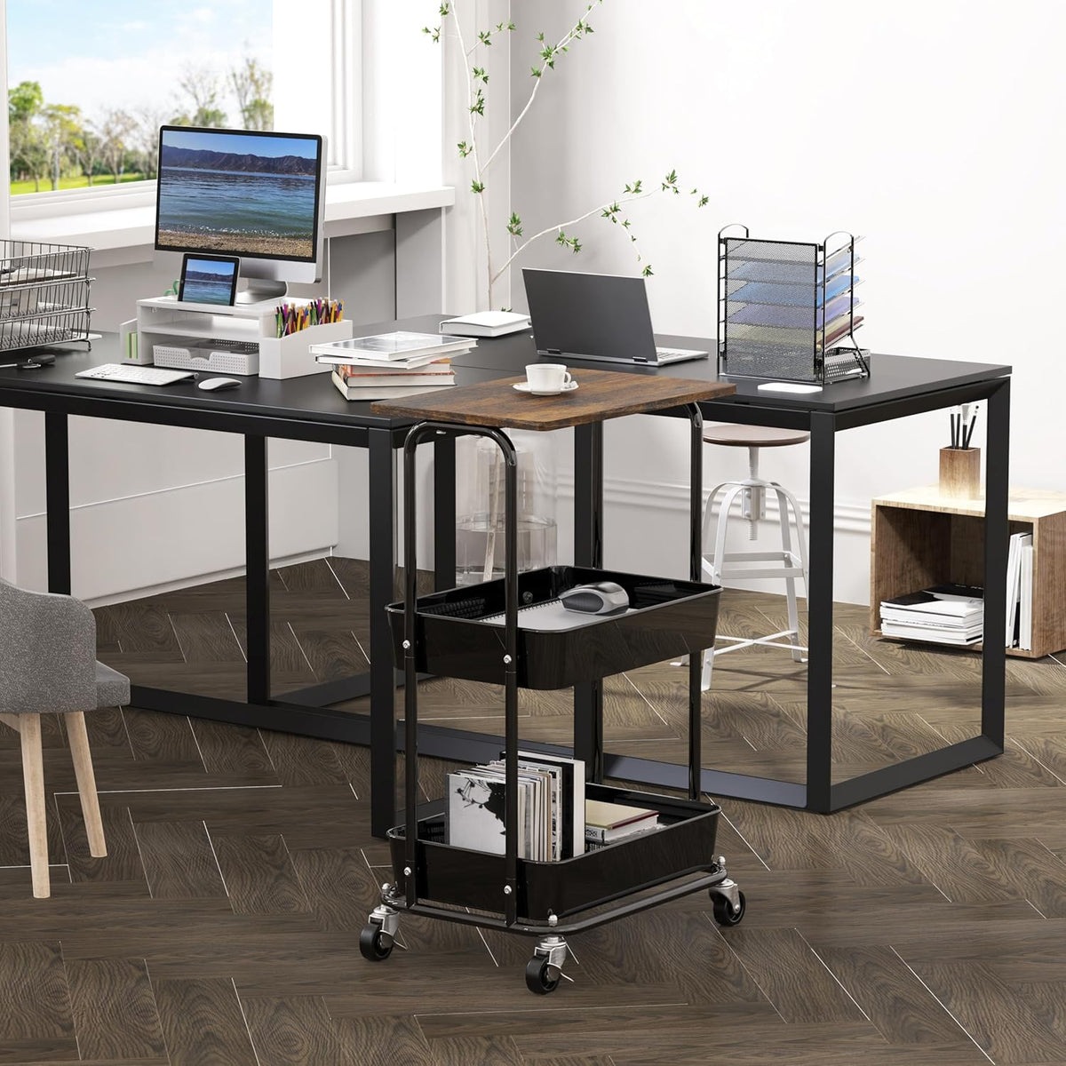 Simple Houseware 2-Tier Rolling Utility Cart with Lockable Wheels and Wood Top, Metal Storage