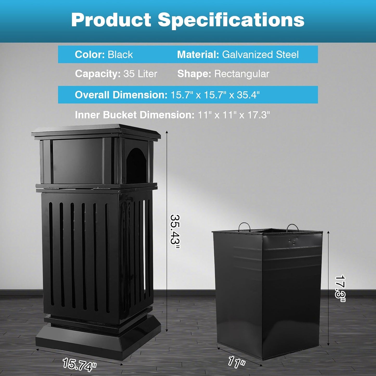 IRONWALLS Commercial Trash Can with Lid, Black Outdoor Garbage Can for Patio, Side Opening Steel