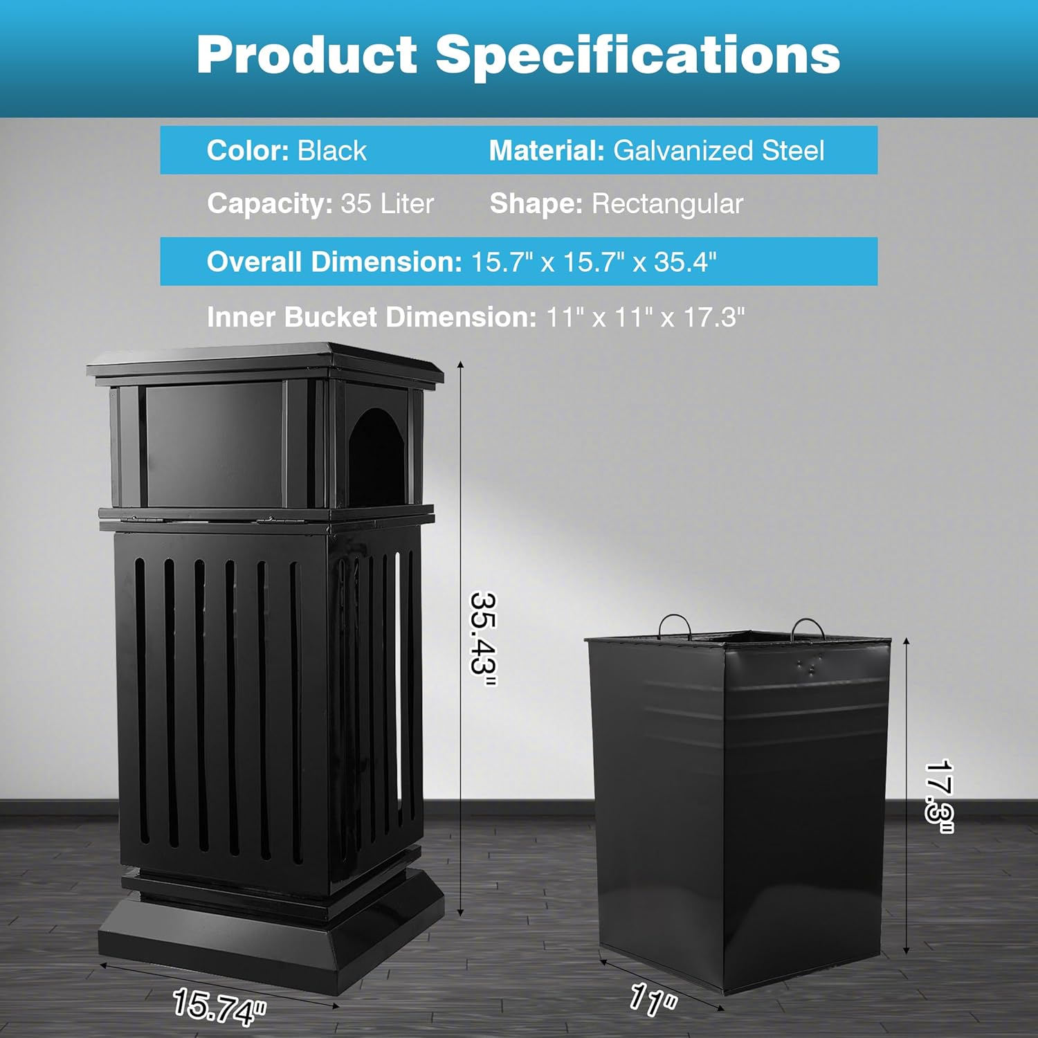 IRONWALLS Commercial Trash Can with Lid, Black Outdoor Garbage Can for Patio, Side Opening Steel