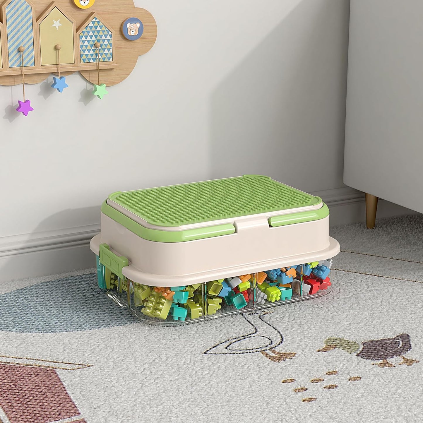 Toy Storage Organizer Box with Handle, Stackable Building Block Toy Box with Building Plate Lid &