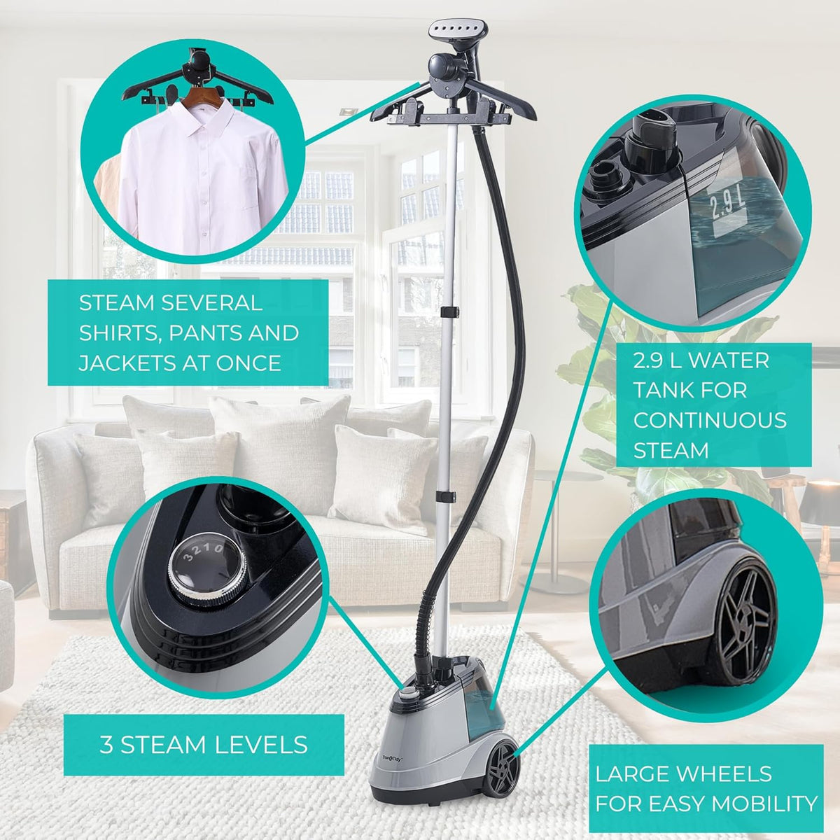 True & Tidy® Commercial Garment Steamer – Heavy Duty 1800W for Home & Commercial Use, 90+ Min