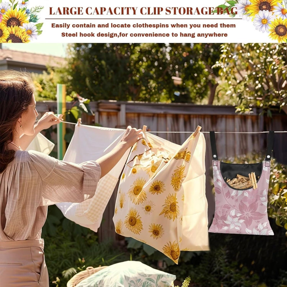 Reinforced Outdoor Clothespin Storage - Minimalist Pink Flower Print Windproof Hanging Bag with
