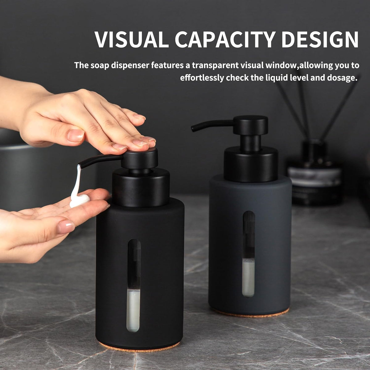 Enra Bathroom Soap Dispenser,12oz Glass Black Soap Dispenser Stainless Steel Liquid Pump,Refillable