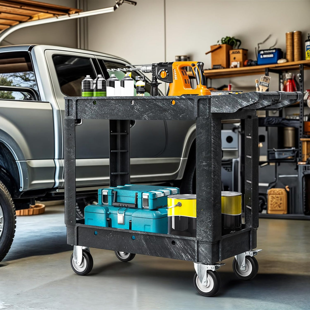 DWVO Utility Cart, 1000 lbs Capacity, 2 Shelf Heavy Duty Plastic Service Utility Cart on Wheels