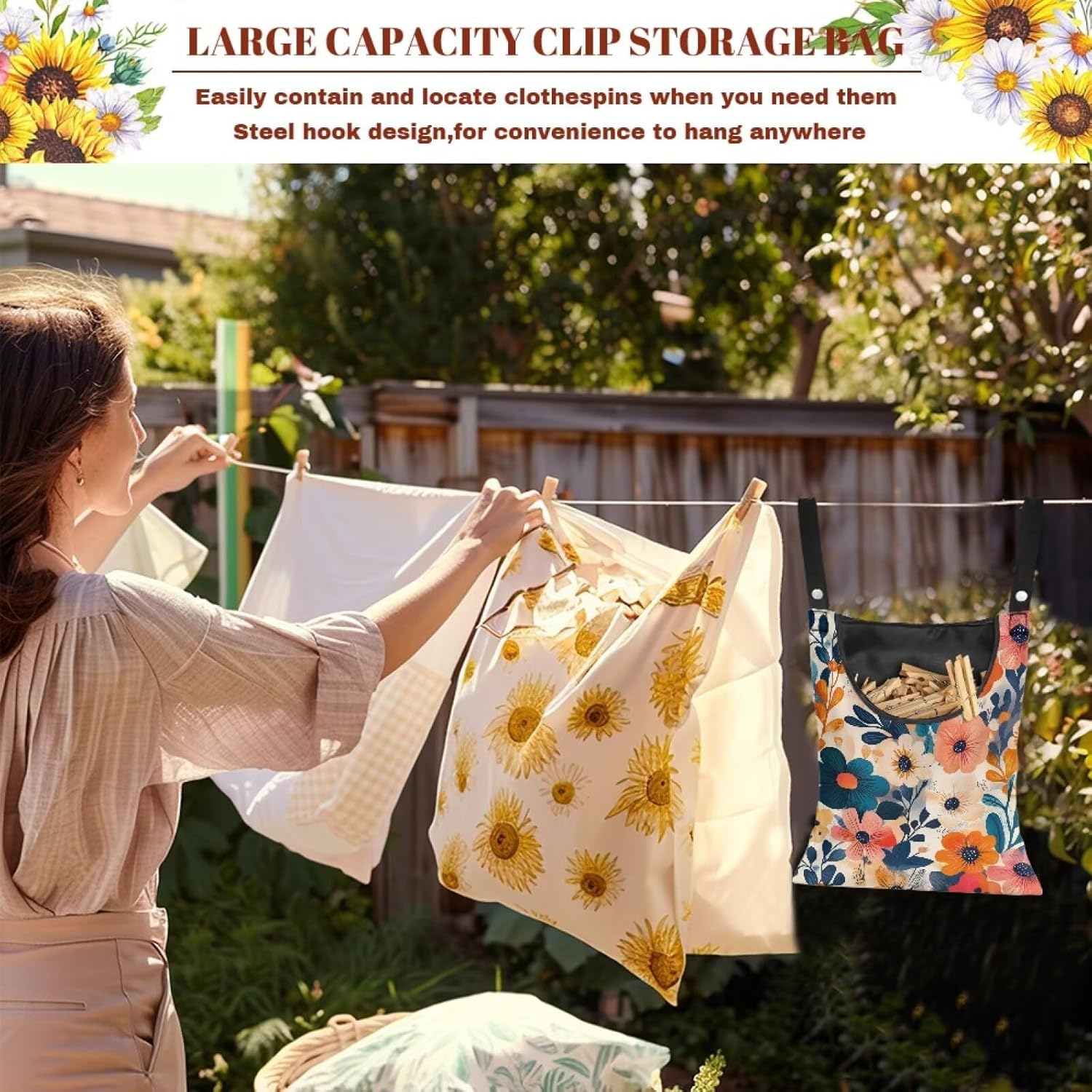 Colorful Gorgeous Flowers Rotatable Clothespin Storage Bag - Large Opening Waterproof Organizer for