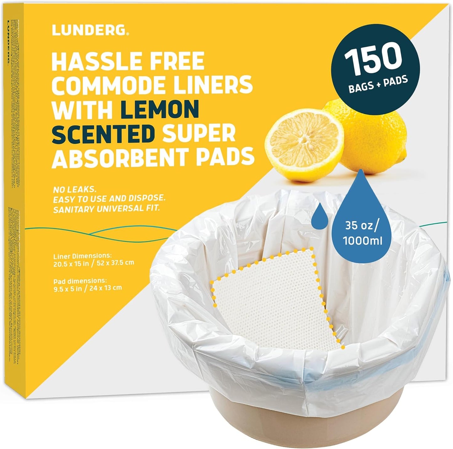 Lunderg Commode Liners with Absorbent Pads - Lemon Scent Medical Grade 150 Count Universal Fit