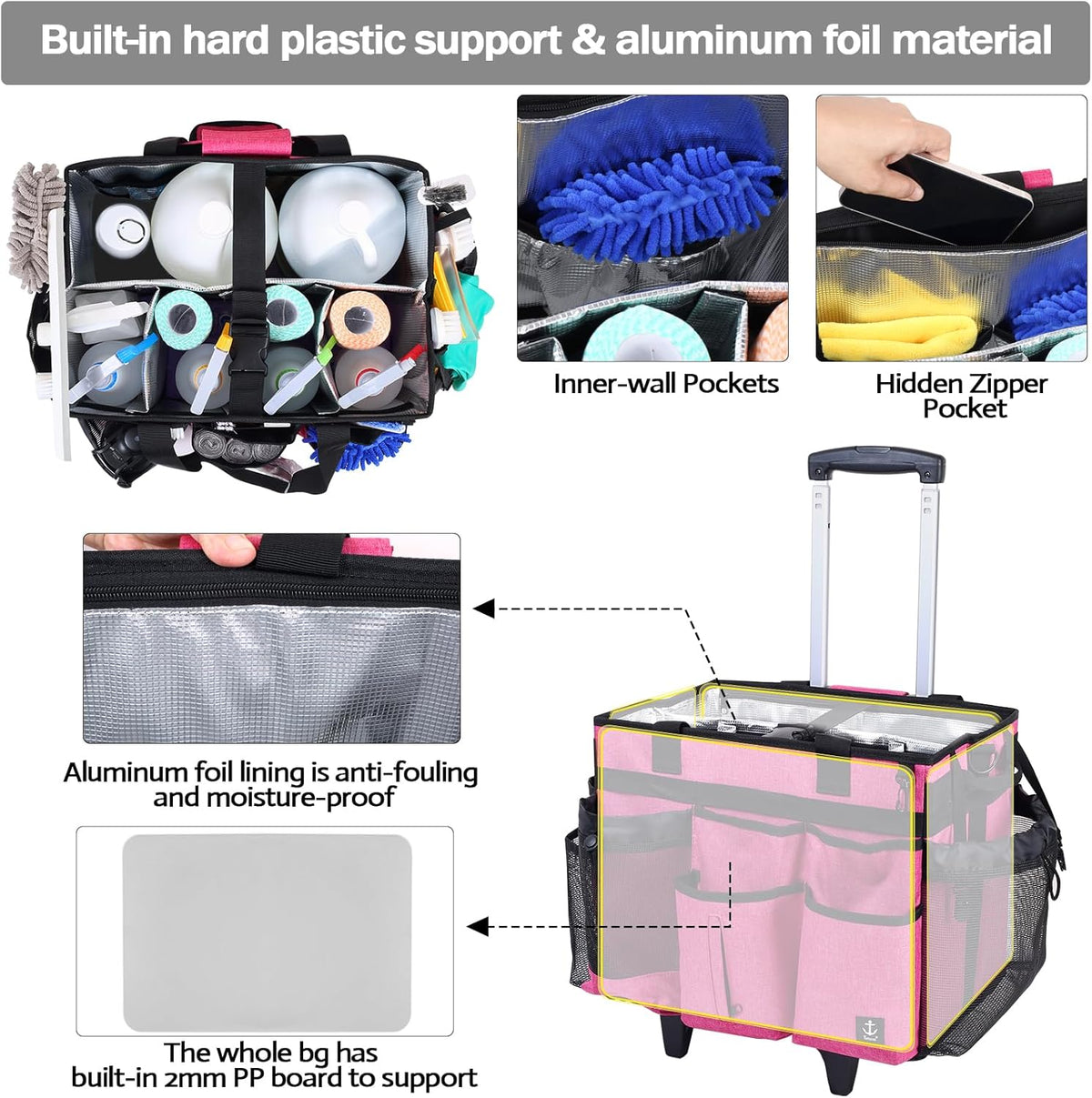Extra Large Rolling Cleaning Caddy Bag with Detachable, Foldable Trolley Portable Cleaning Cart for