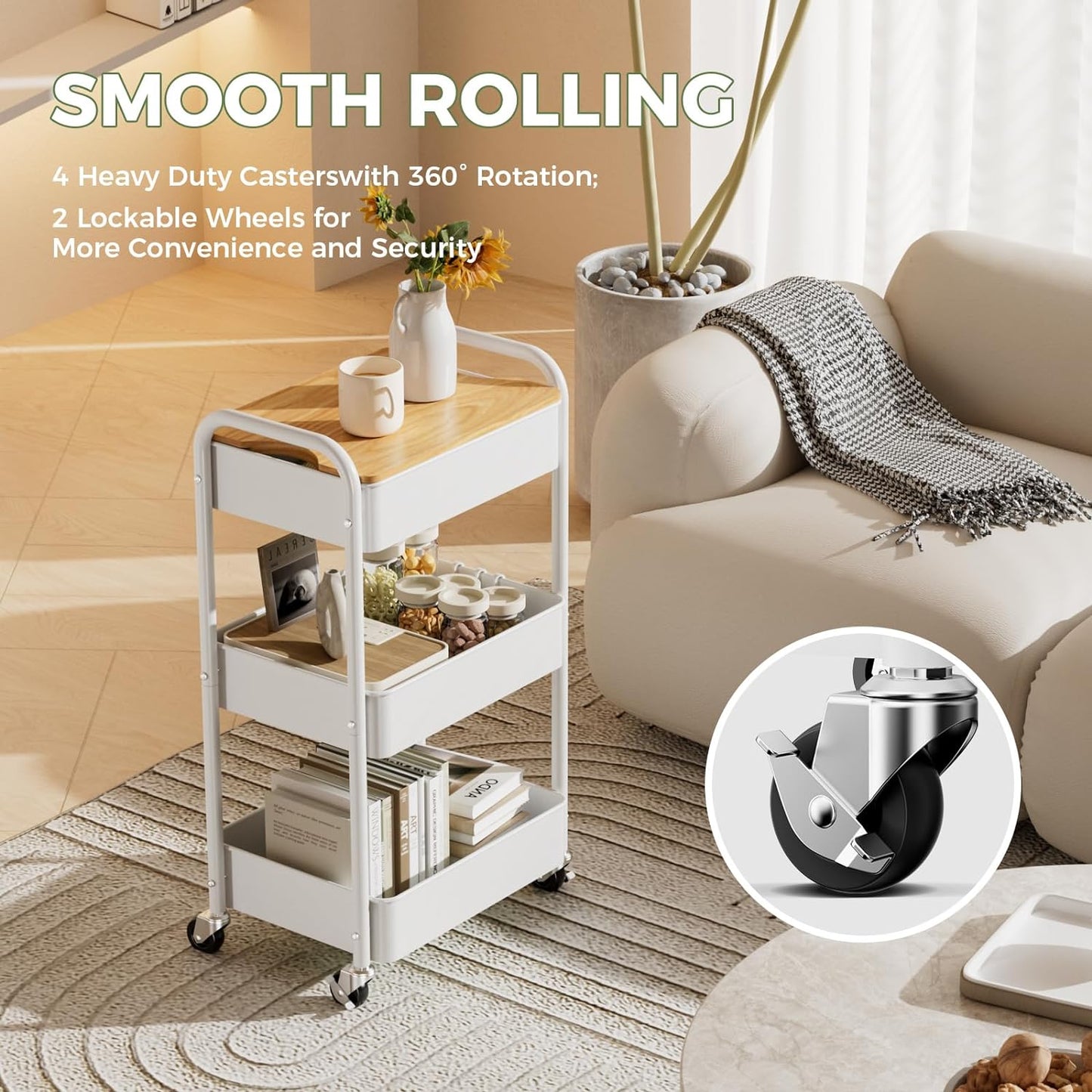 3 Tier Rolling Cart with Table top, Metal Rolling Utility Cart on Wheels, Sturdy Storage Organizer