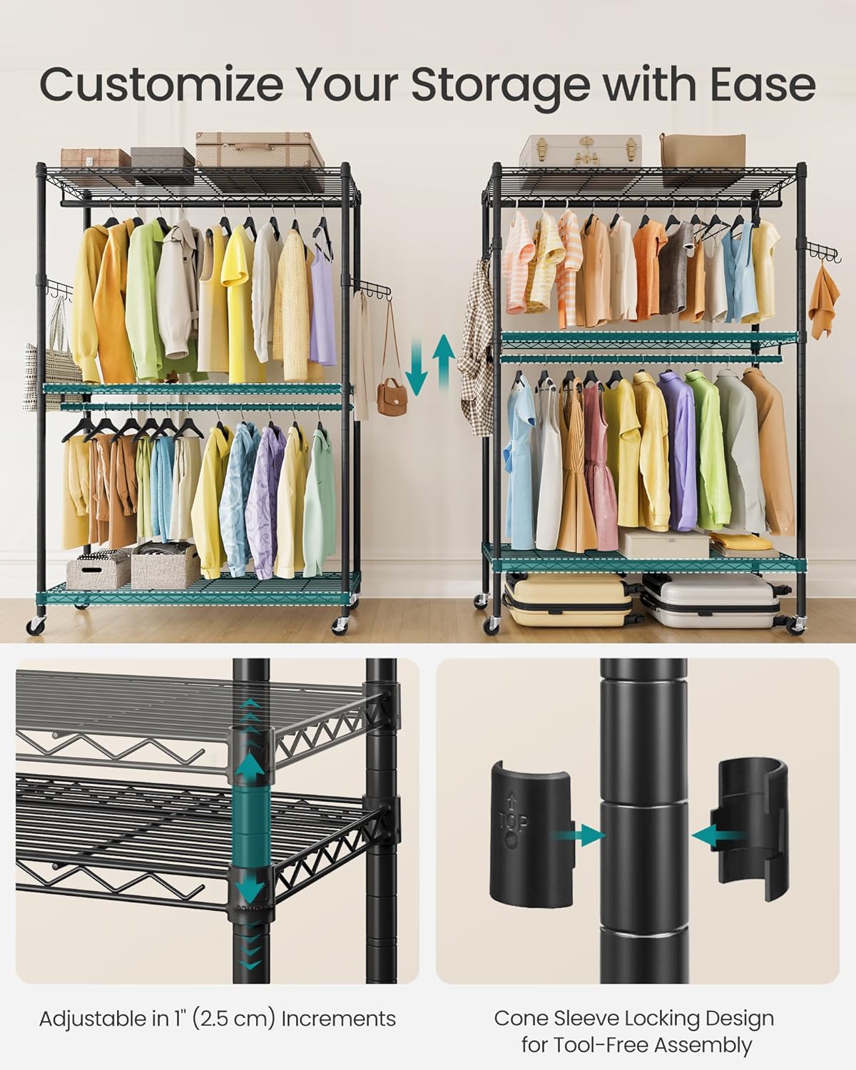 SONGMICS Heavy-Duty Rolling Clothes Rack, Garment Rack, Portable Closet, 43.3-Inch Wide Clothing