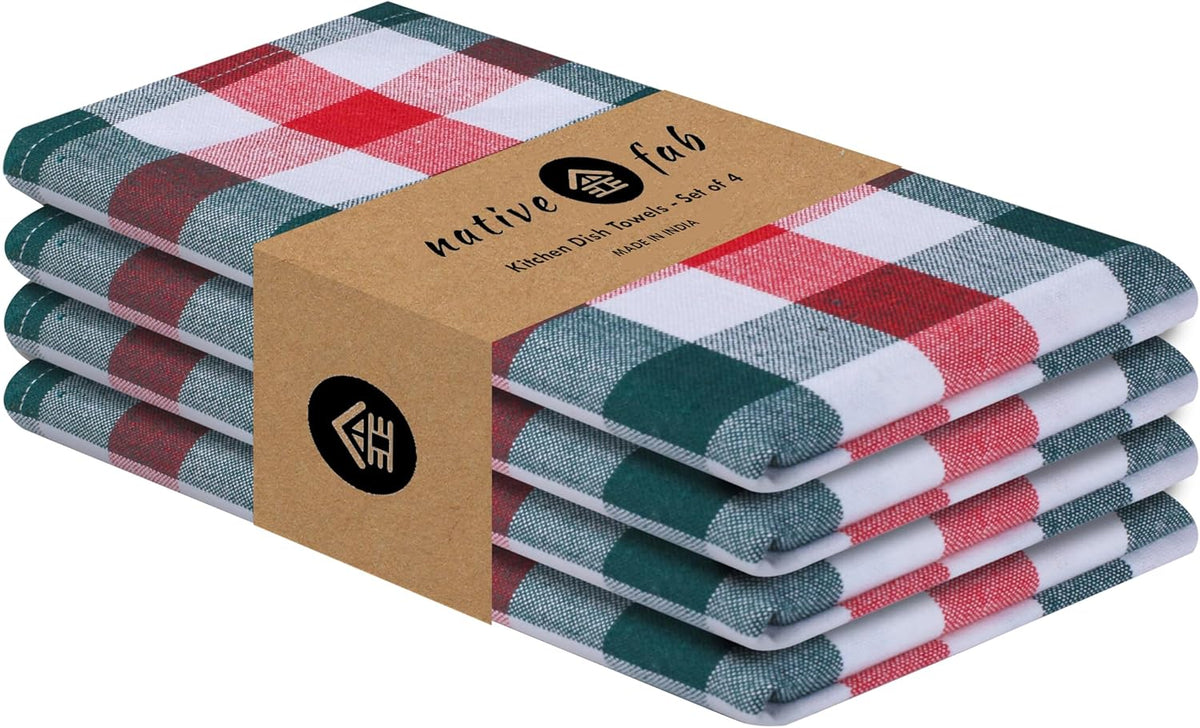 Native Fab Gingham Check Kitchen Towels 4 Pack 16x26 Inches - 100% Cotton, Soft, Absorbent Tea