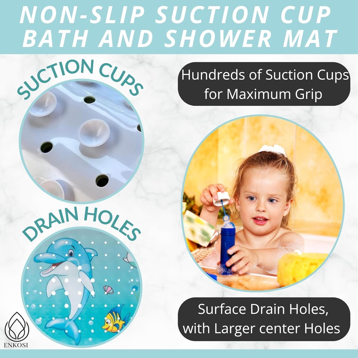 ENKOSI Bath Mat Long 40x16 – Non-Slip Bathtub Mat with Secure Suction Cups & Drain Holes with Fun