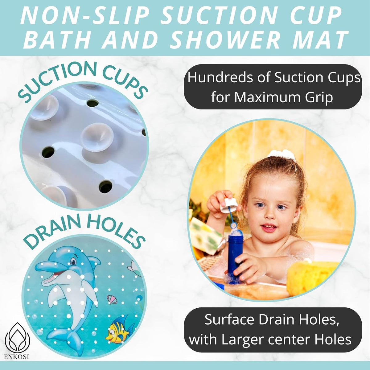 ENKOSI Bath Mat Long 40x16 – Non-Slip Bathtub Mat with Secure Suction Cups & Drain Holes with Fun