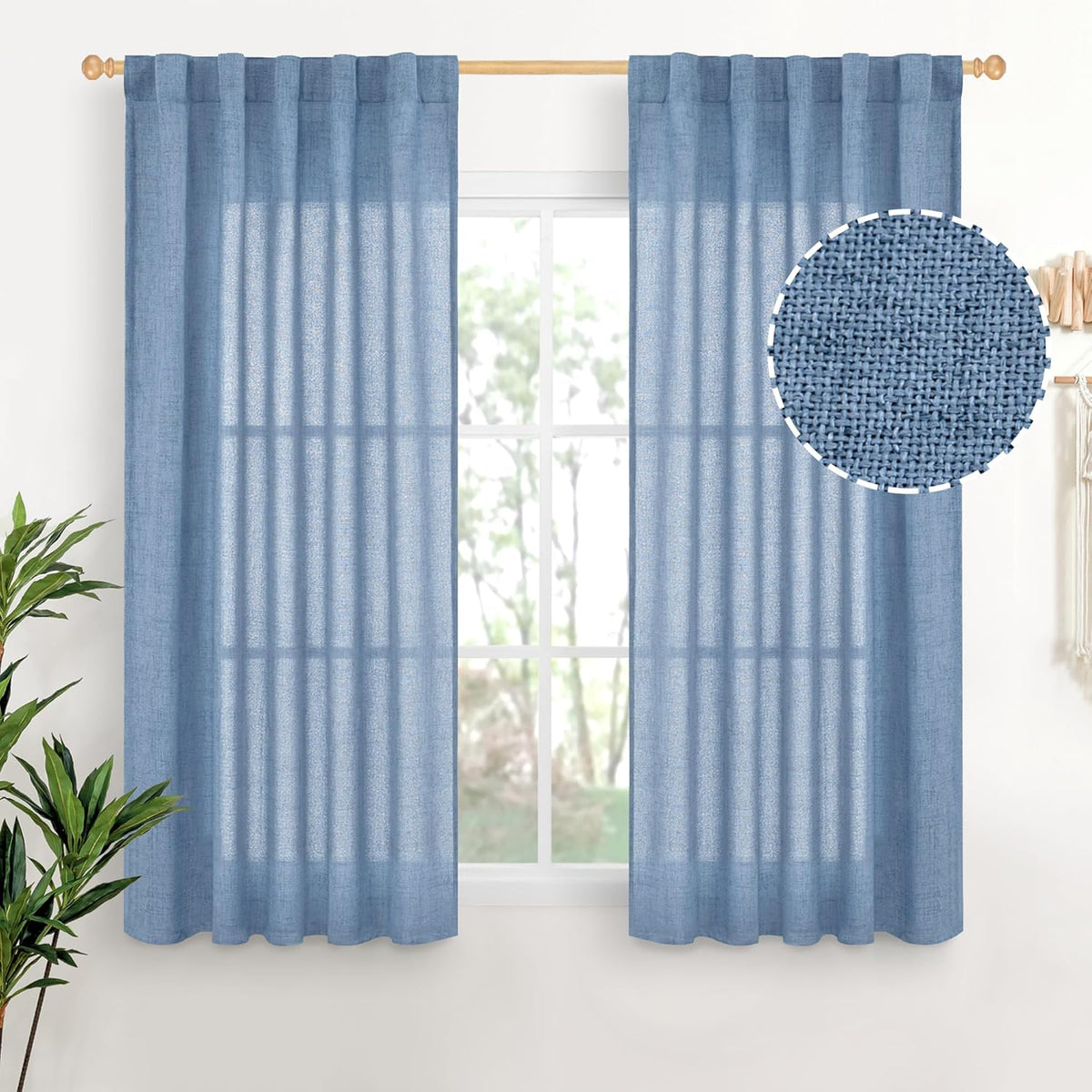YoungsTex Denim Blue Short Linen Curtains 45 Inches Length for Kitchen, Light Filtering Semi Sheer