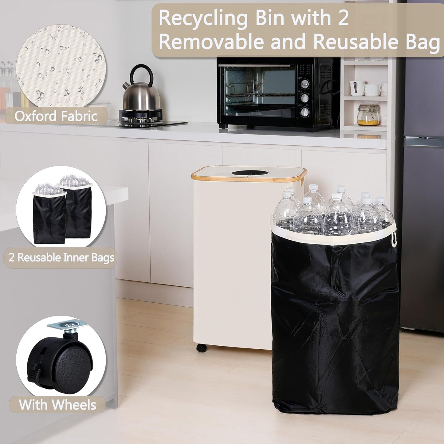 efluky Recycle Bins for Kitchen 100L (26 Gallon), Recycling Bin with Wheels and 2 Removeable and