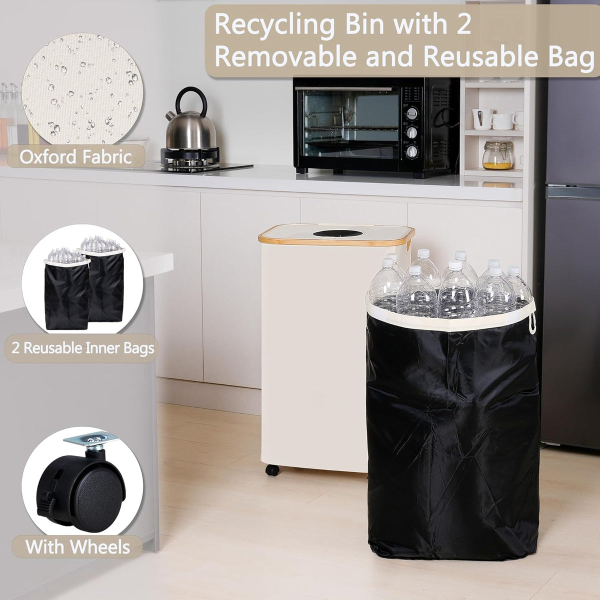 efluky Recycle Bins for Kitchen 100L (26 Gallon), Recycling Bin with Wheels and 2 Removeable and