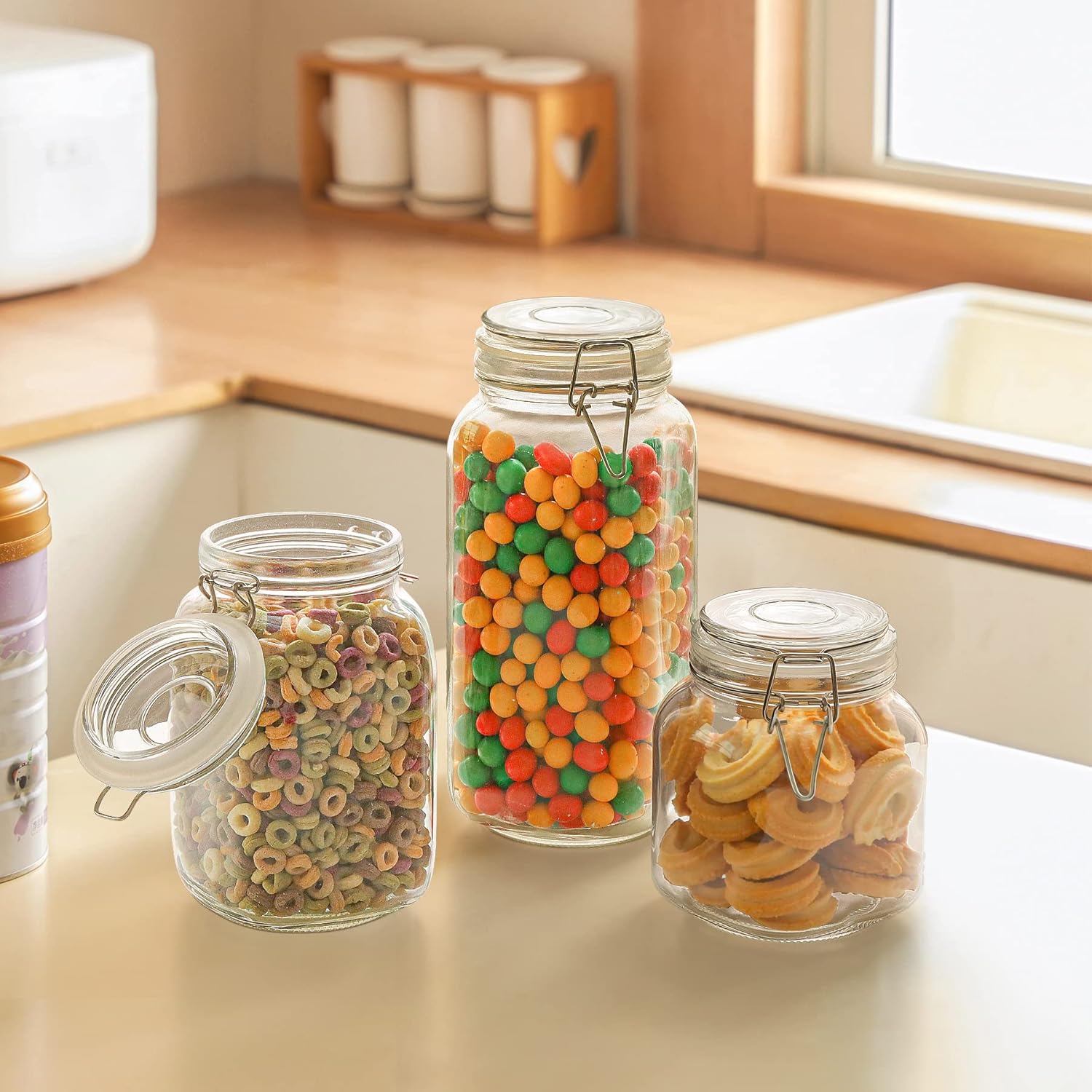 ComSaf Airtight Glass Canister Set of 3 with Lids 34oz Food Storage Jar Square - Storage Container