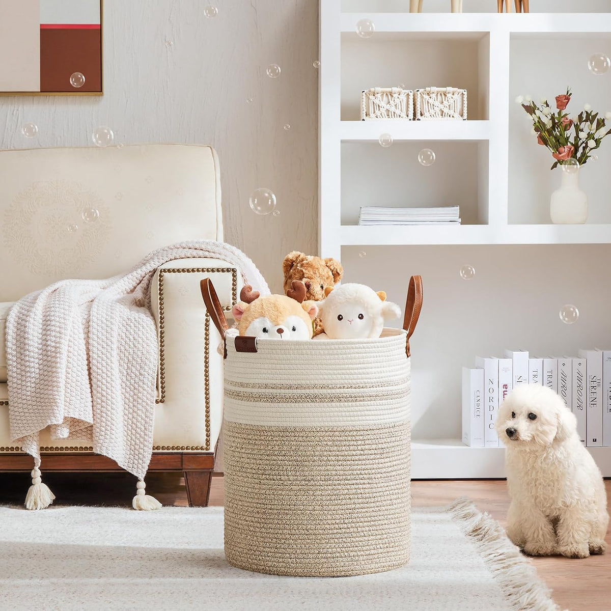 VIPOSCO Tall Laundry Basket, Large Dirty Clothes Hamper with Leather Handle, Woven Rope Storage