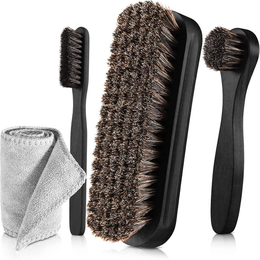 4 Pcs Horsehair Shine Shoes Brush Kit Polish Dauber Applicators Cleaning Leather Shoes Boots Care