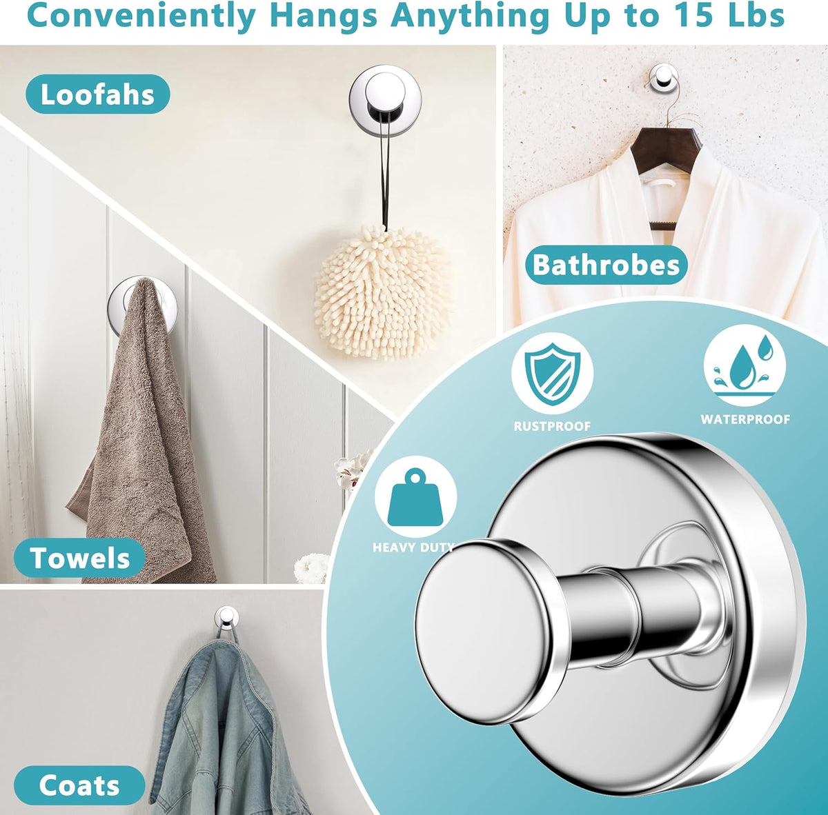 Suction Cup Hooks for Shower,Removable No Drill Towel Hooks,Upgraded 15 lbs Strong Suction hooks