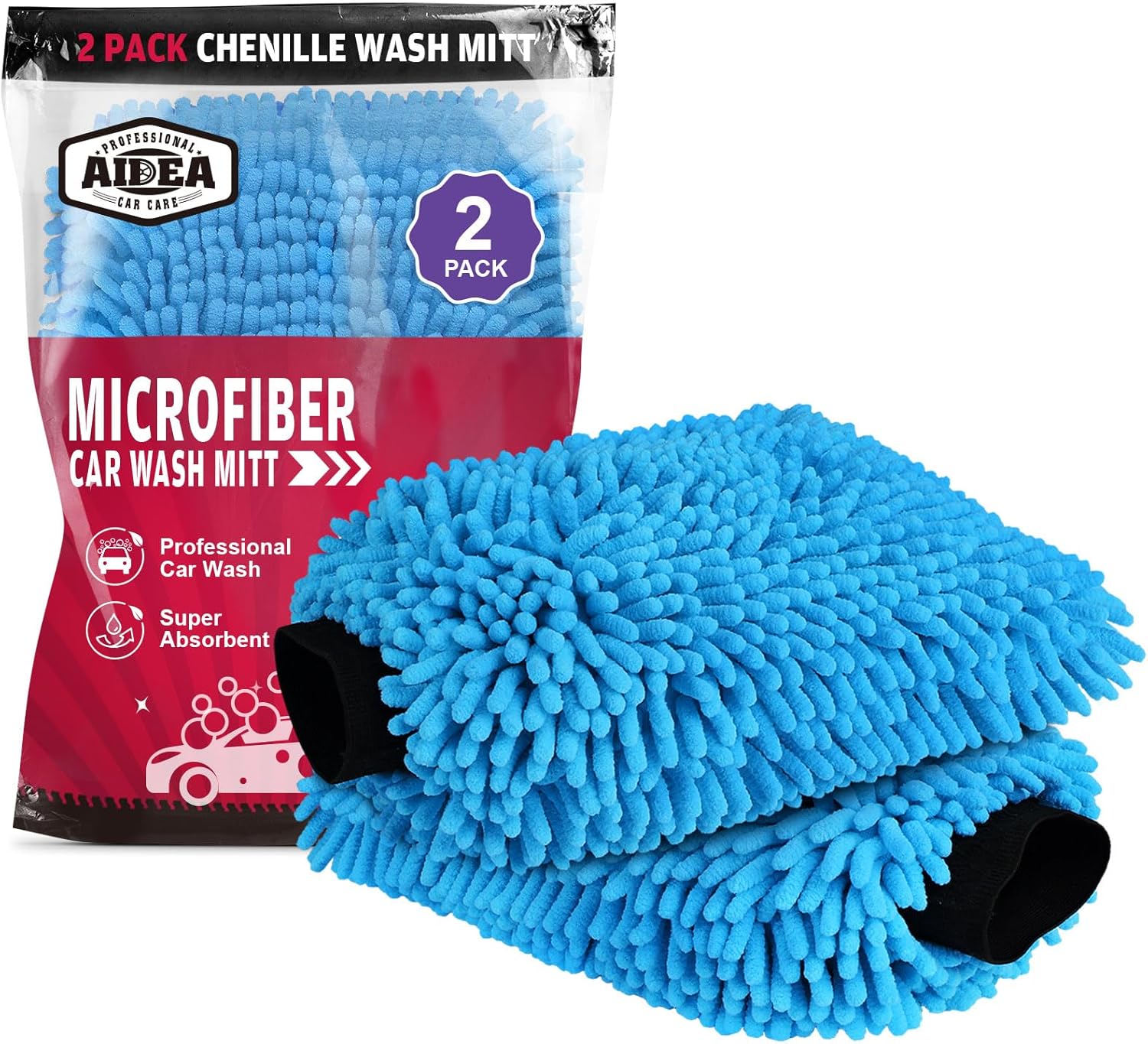 AIDEA Car Wash Mitt Microfiber 2PK, Scratch-Free& Lint-Free, Premium Chenille Microfiber Wash