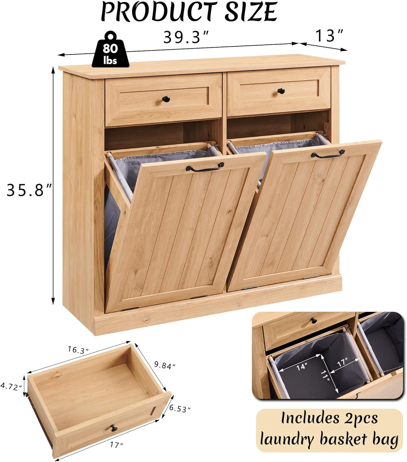 Double Tilt Out Laundry Hamper Cabinet, 20 Gallon Farmhouse Trash Can Cabinet with Drawer, Hidden