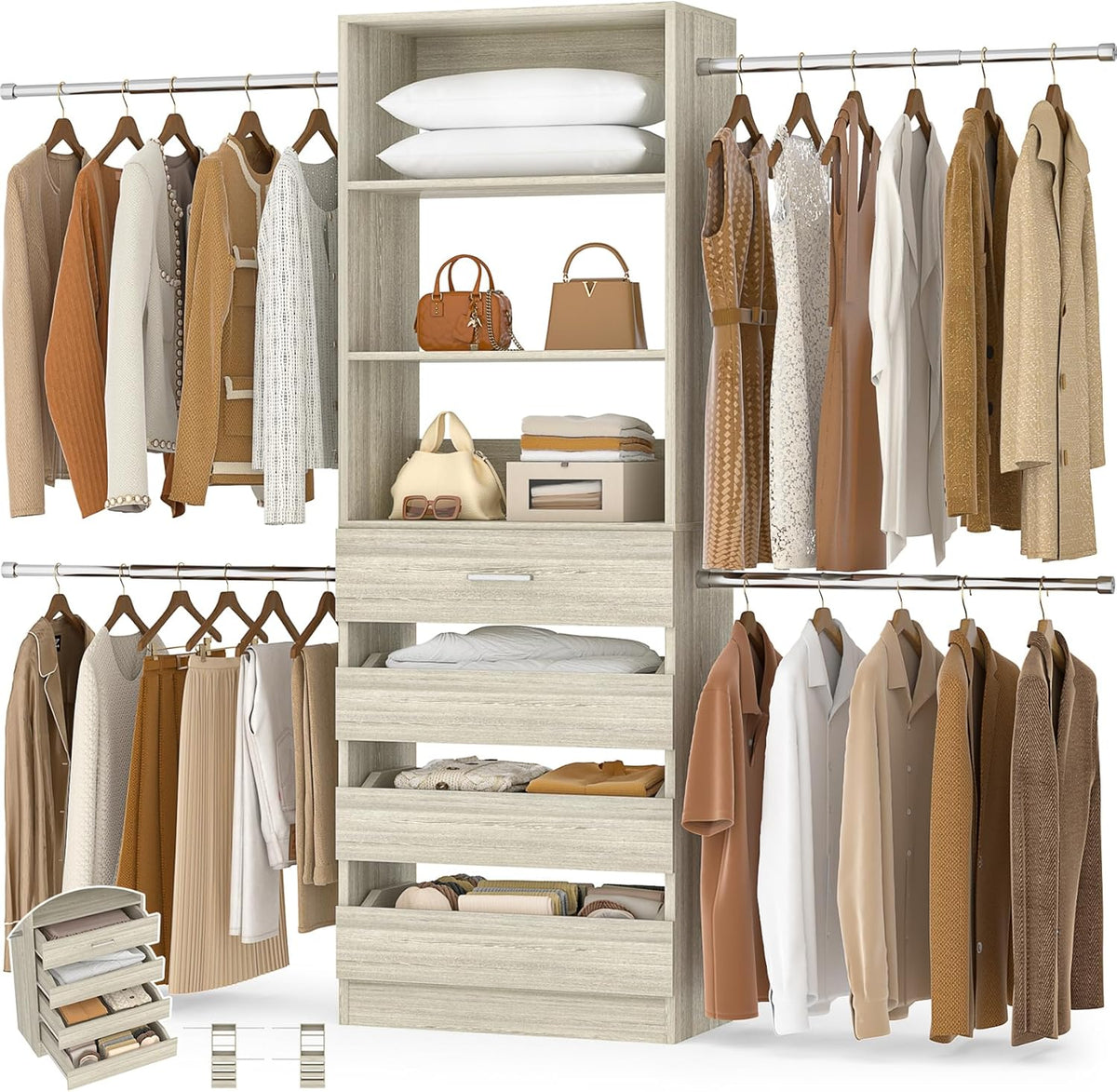 Aheaplus Closet System, 4-9Ft Closet Organizer with 4 Wooden Drawers, Wood Closet Organizer System