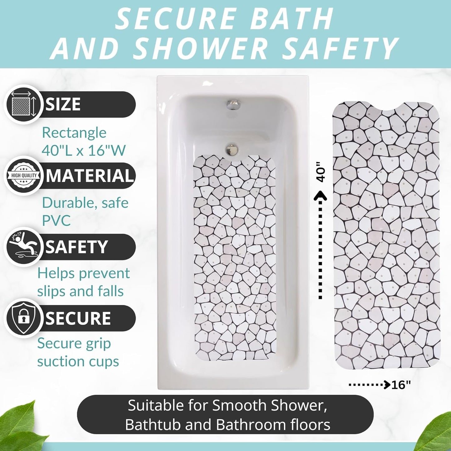 ENKOSI Bath Mat – Large 40 x 16 Inch Non-Slip Bathtub Mat with Secure Suction Cups & Drain Holes