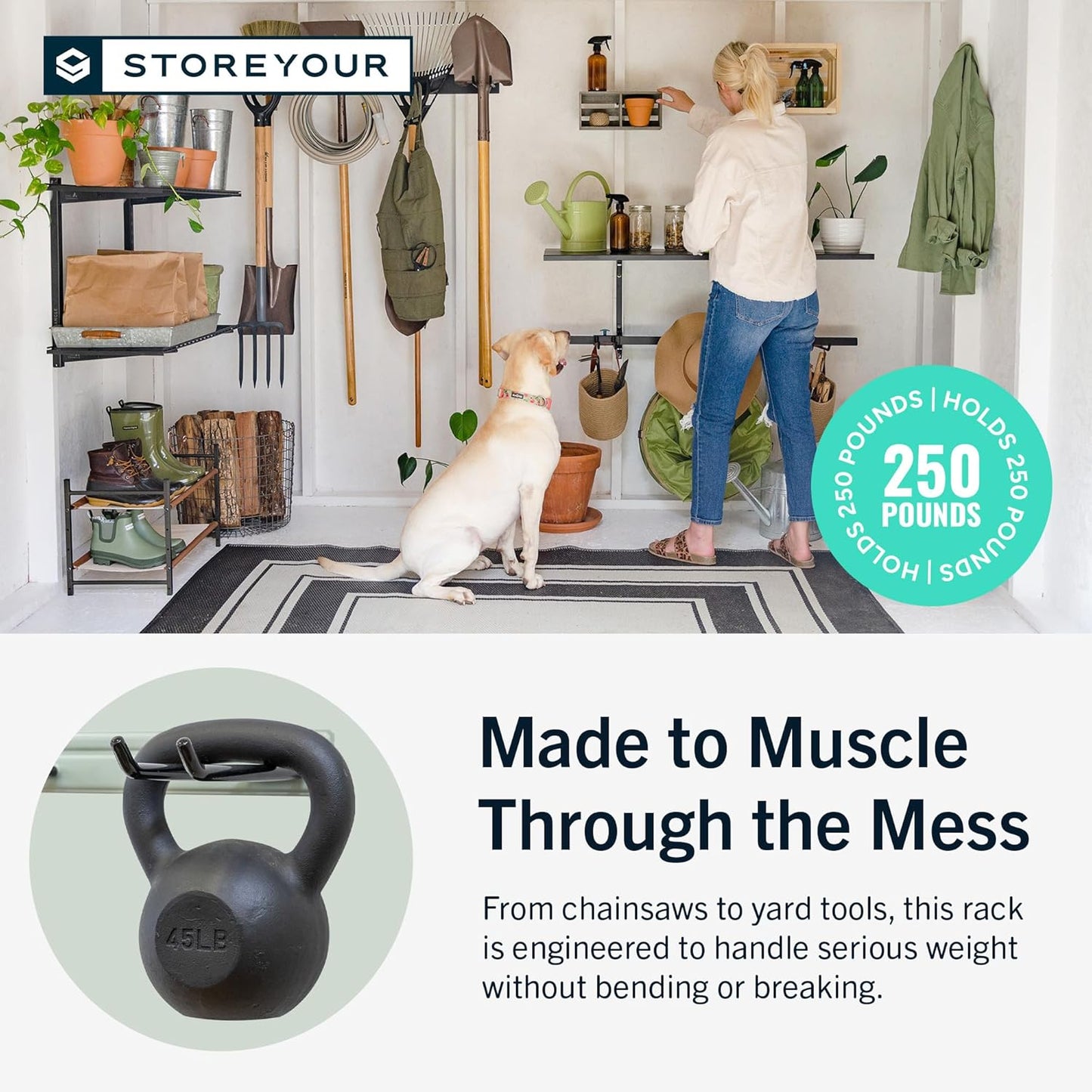 StoreYourBoard Wall-Mounted Rack With 4 Garage Hooks – Heavy-Duty Steel Holder Garage & Garden