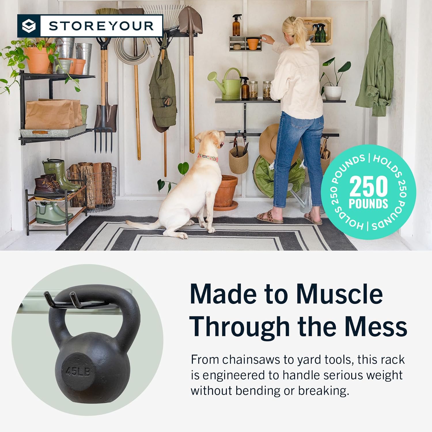 StoreYourBoard Wall-Mounted Rack With 4 Garage Hooks – Heavy-Duty Steel Holder Garage & Garden