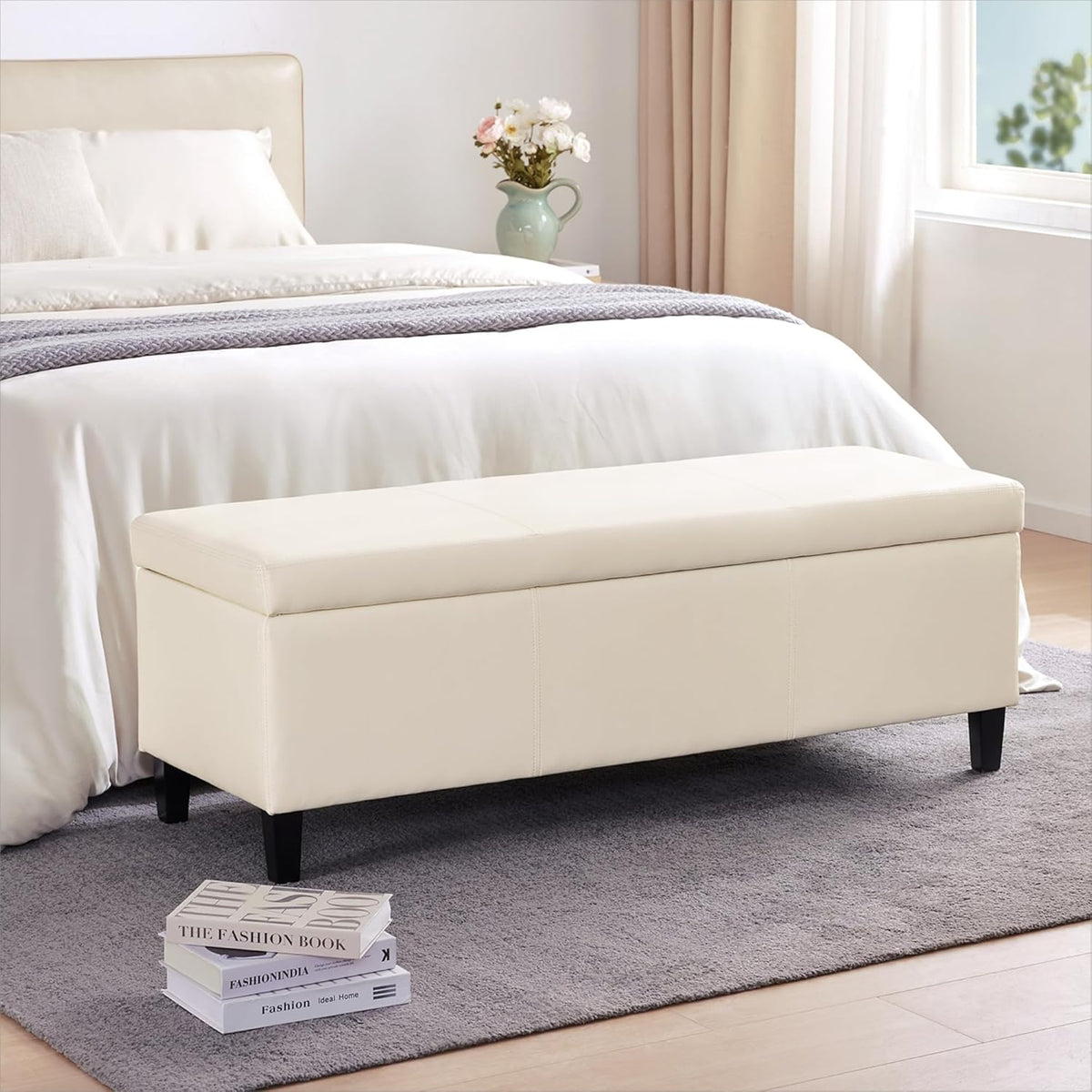HUIMO Faux Leather Storage Ottoman Bench 50.3 inch Extra Long Upholstered Bedroom Bench with Large