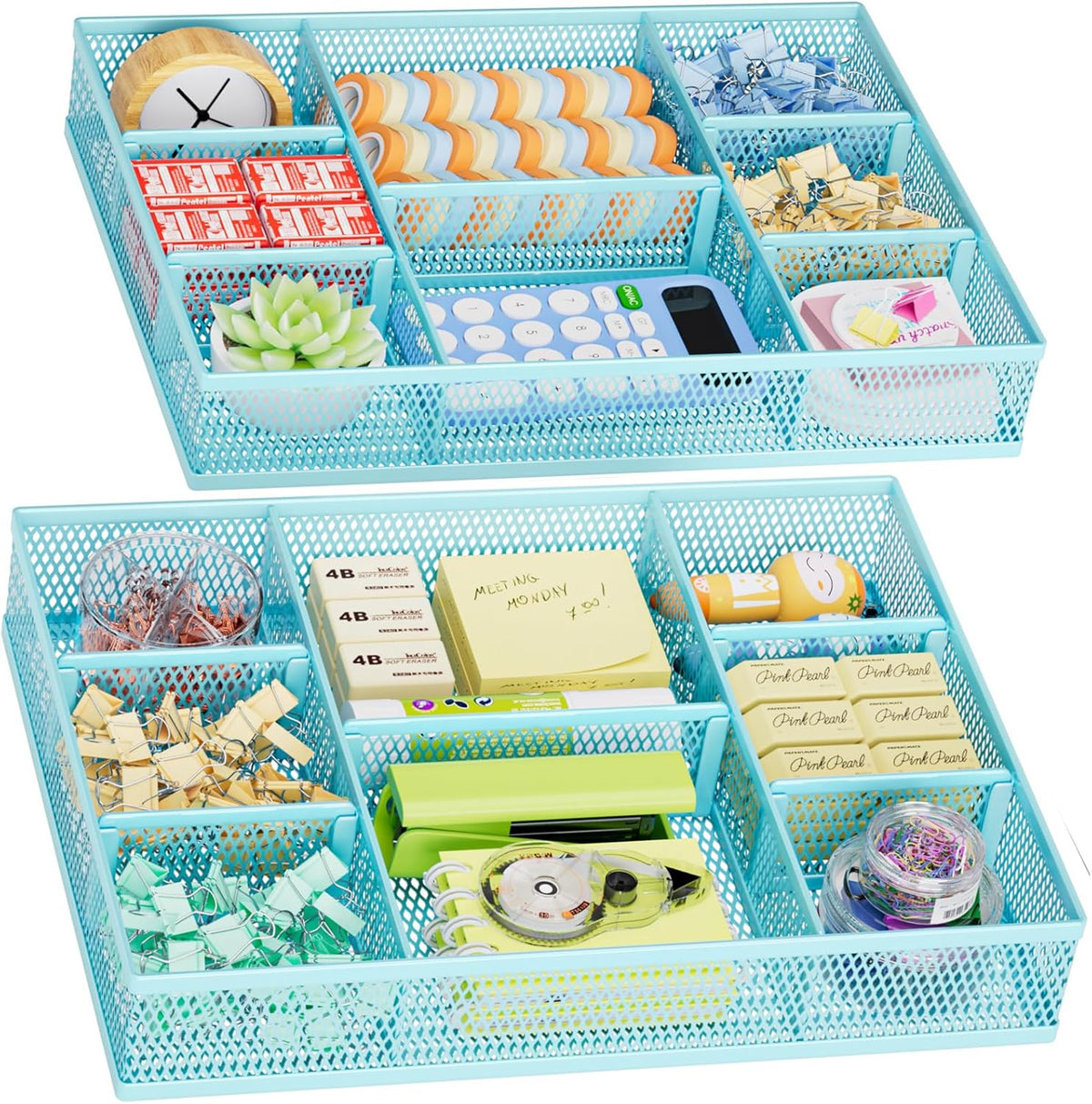 Marbrasse 2 Pack Desk Drawer Organizer, Mesh Drawer Organizer Tray with 8 Adjustable Compartments