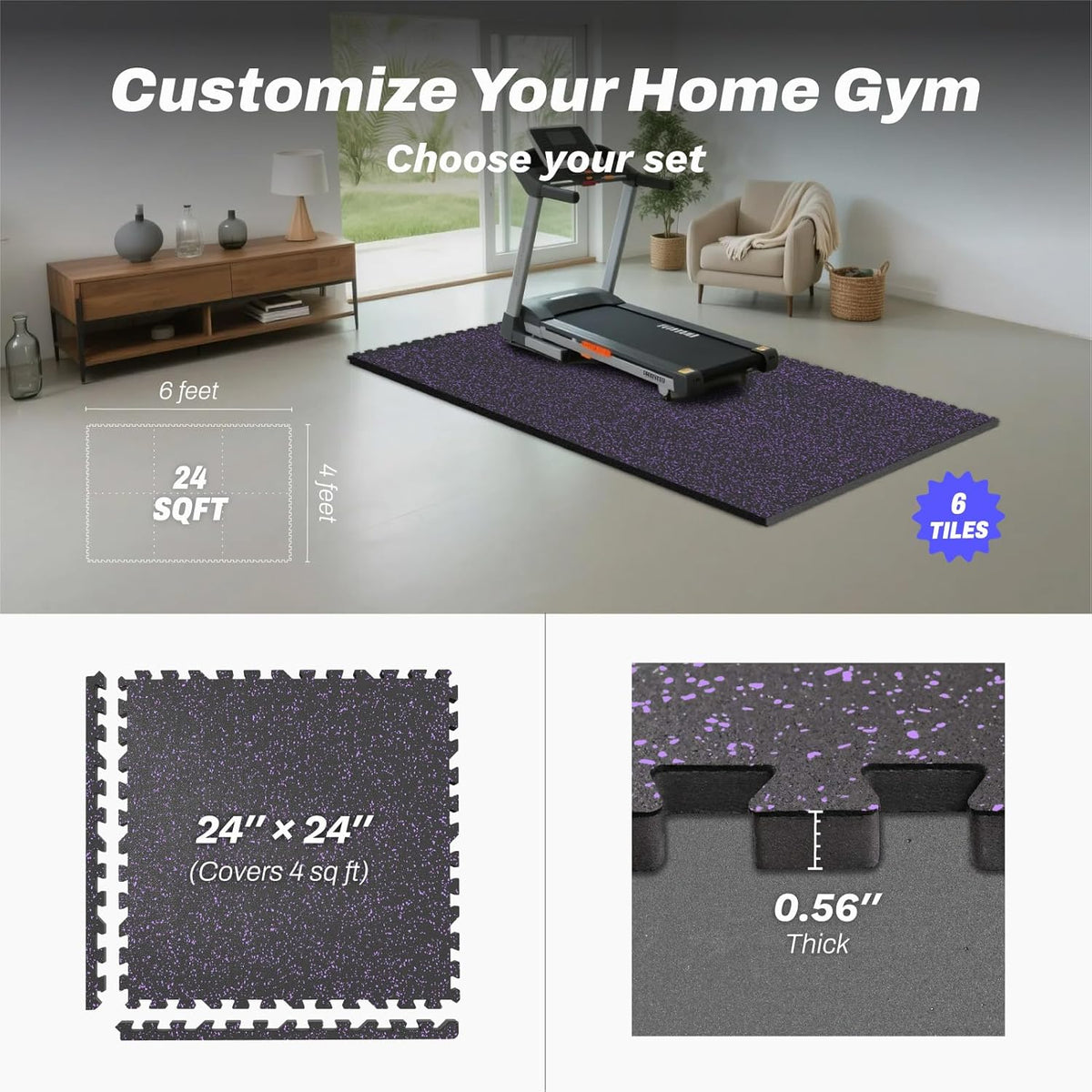 AIRHOP 0.56in Thick 24 Sq Ft Exercise Equipment Mats, 6 Tiles Upgraded Rubber Top with High Density