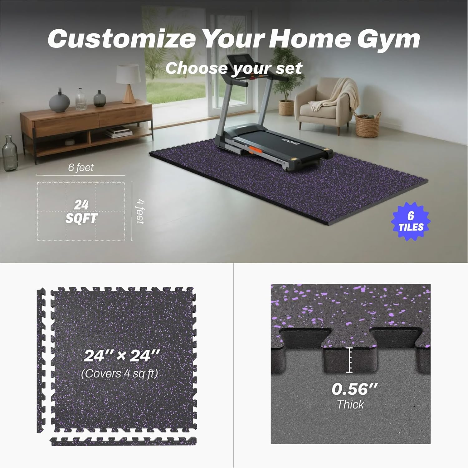 AIRHOP 0.56in Thick 24 Sq Ft Exercise Equipment Mats, 6 Tiles Upgraded Rubber Top with High Density