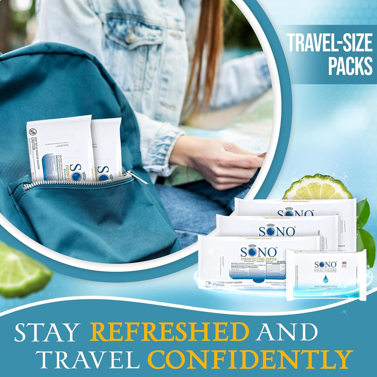 SONO Disinfecting Wipes - 60 Count (Pack of 3) + Sanitizer, Travel Size, Alcohol-Free, No Bleach