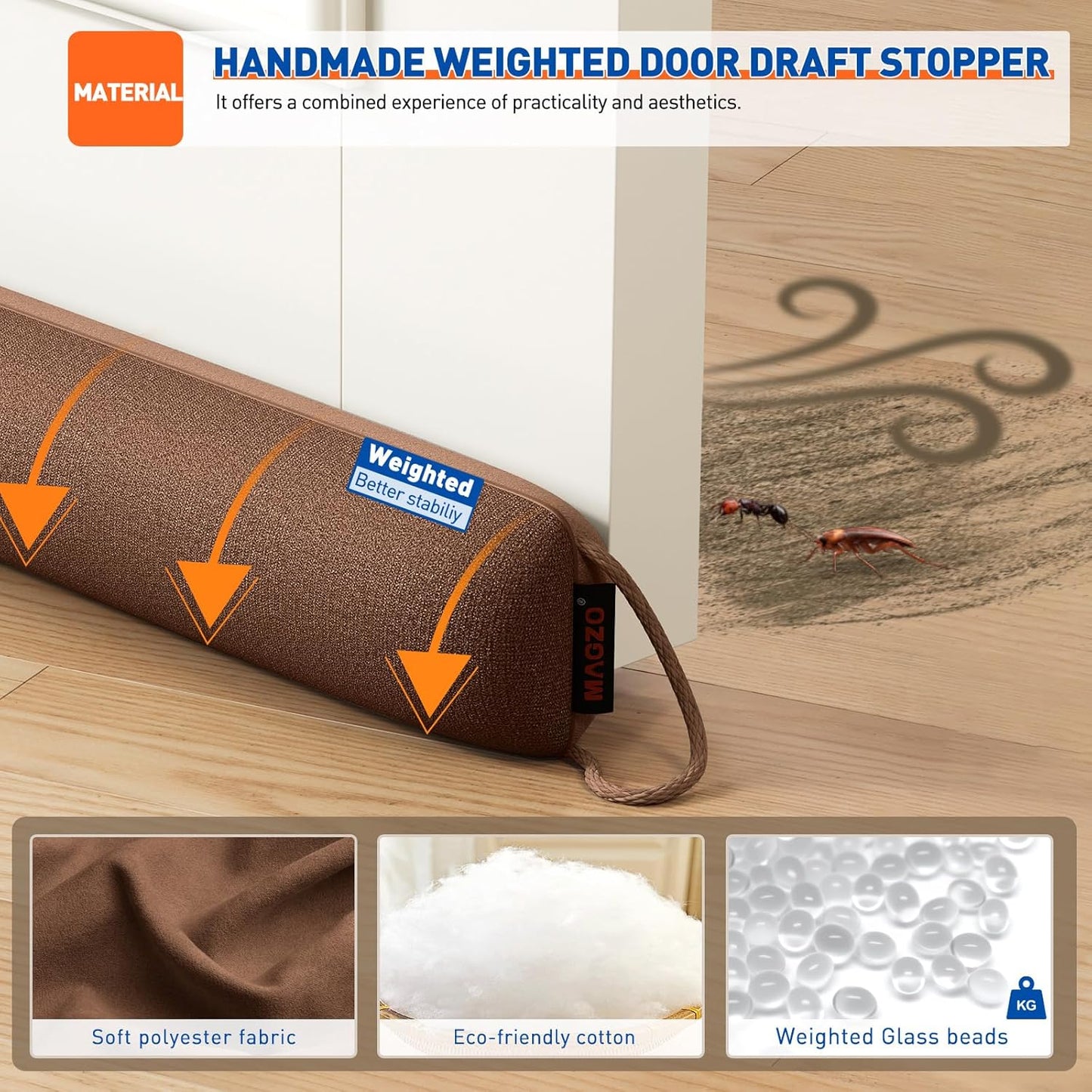 MAGZO Door Draft Stopper, 34 Inch Under Door Draft Blocker Noise Stopper, Weighted Wind Blocker