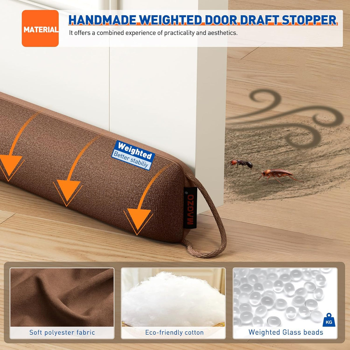 MAGZO Door Draft Stopper, 32 Inch Under Door Draft Blocker Noise Stopper, Weighted Wind Blocker