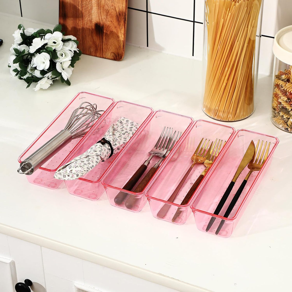 Maitys 12 Pcs Vanity Drawer Organizer 9 x 3 x 2 Inches Clear Plastic Utensil Organizers Kitchen