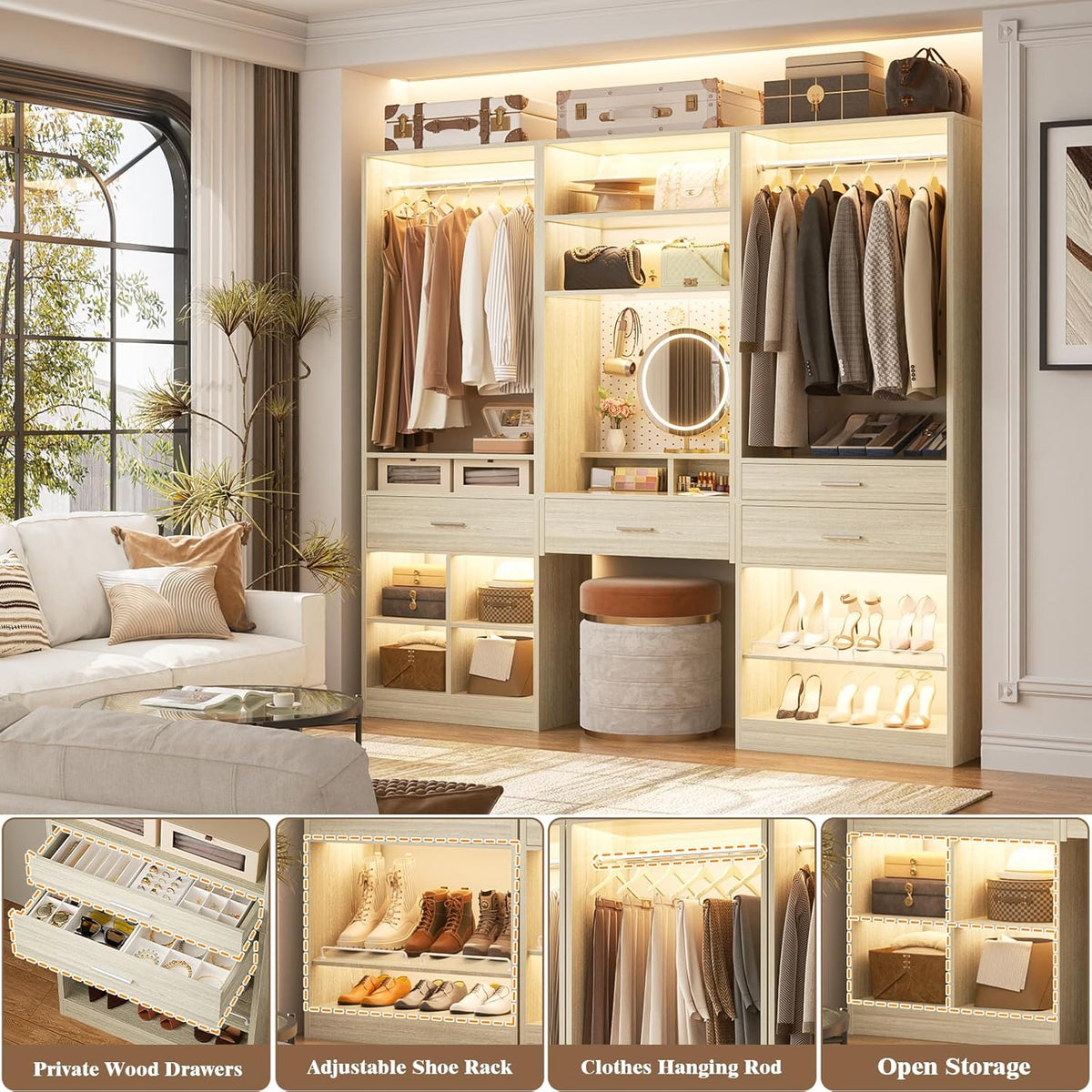 Unikito 75” Modular Closet System, Freestanding Closet Organizer with Hanging Rods, Drawers