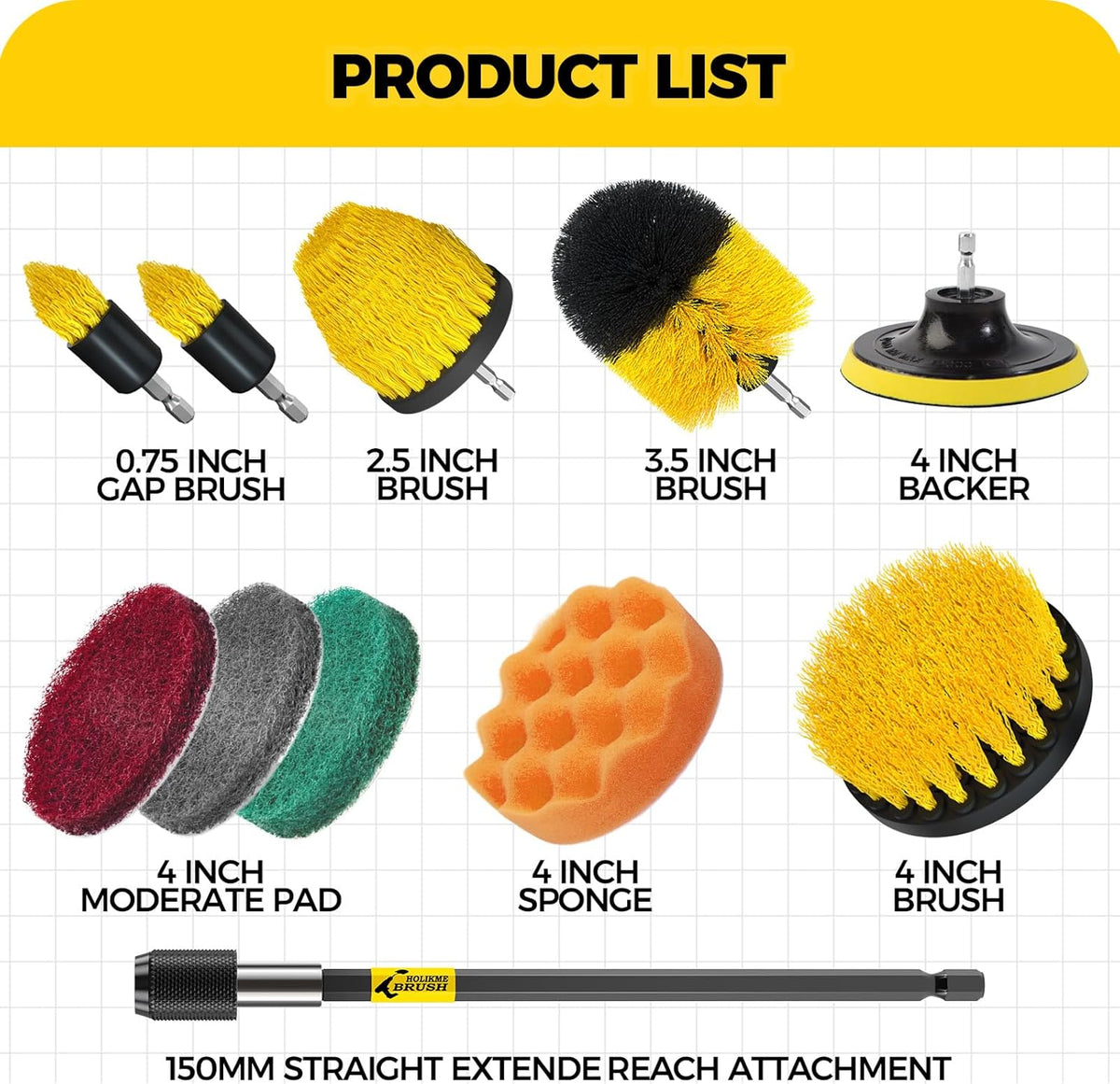 Holikme 11 Piece Drill Brush Attachment Set Scouring Pads Power Scrubber Brush Scrub Pads for