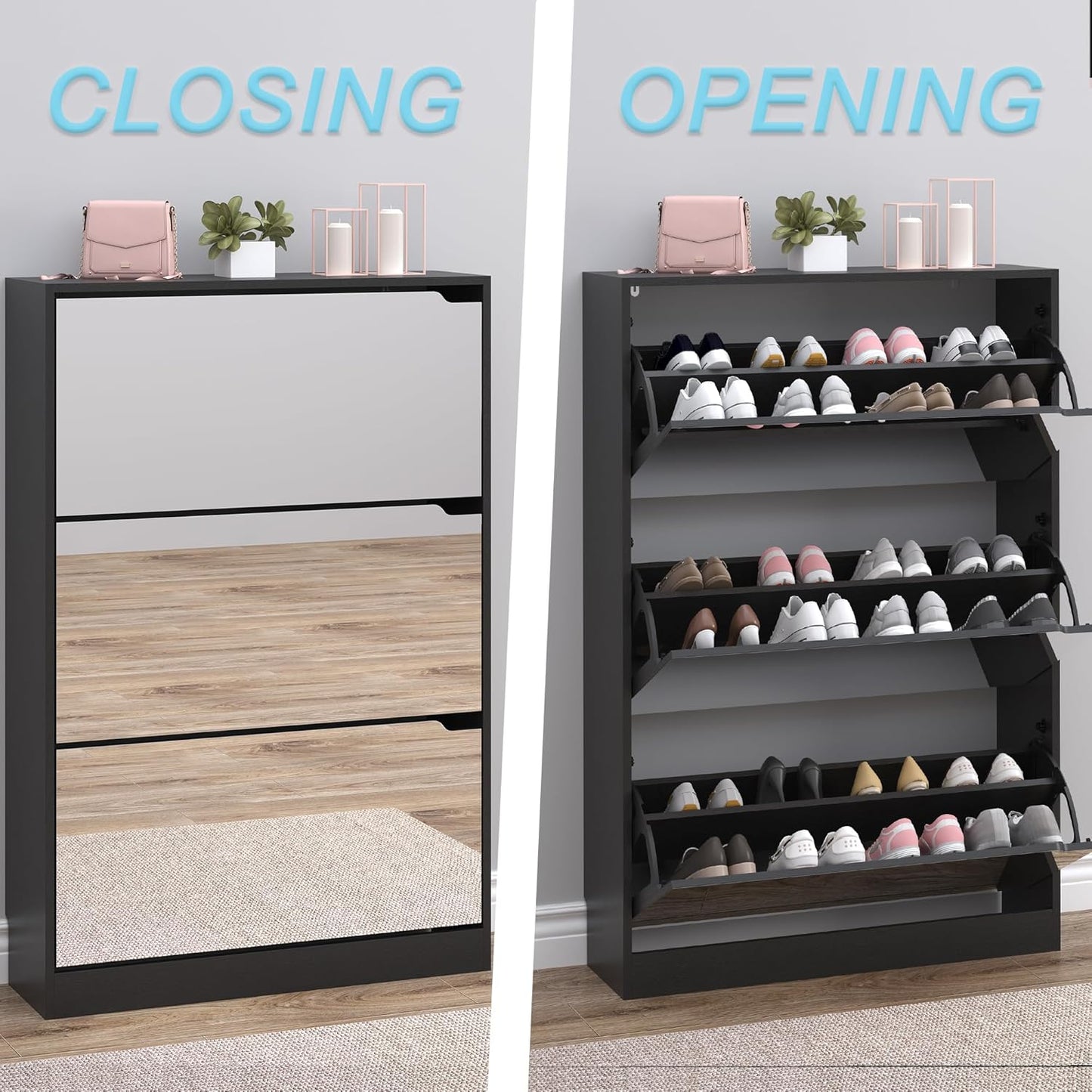 Shoe Cabinet with 3-Flip Mirror Drawers, Freestanding Shoe Rack Organizer with Hidden Handle, Slim
