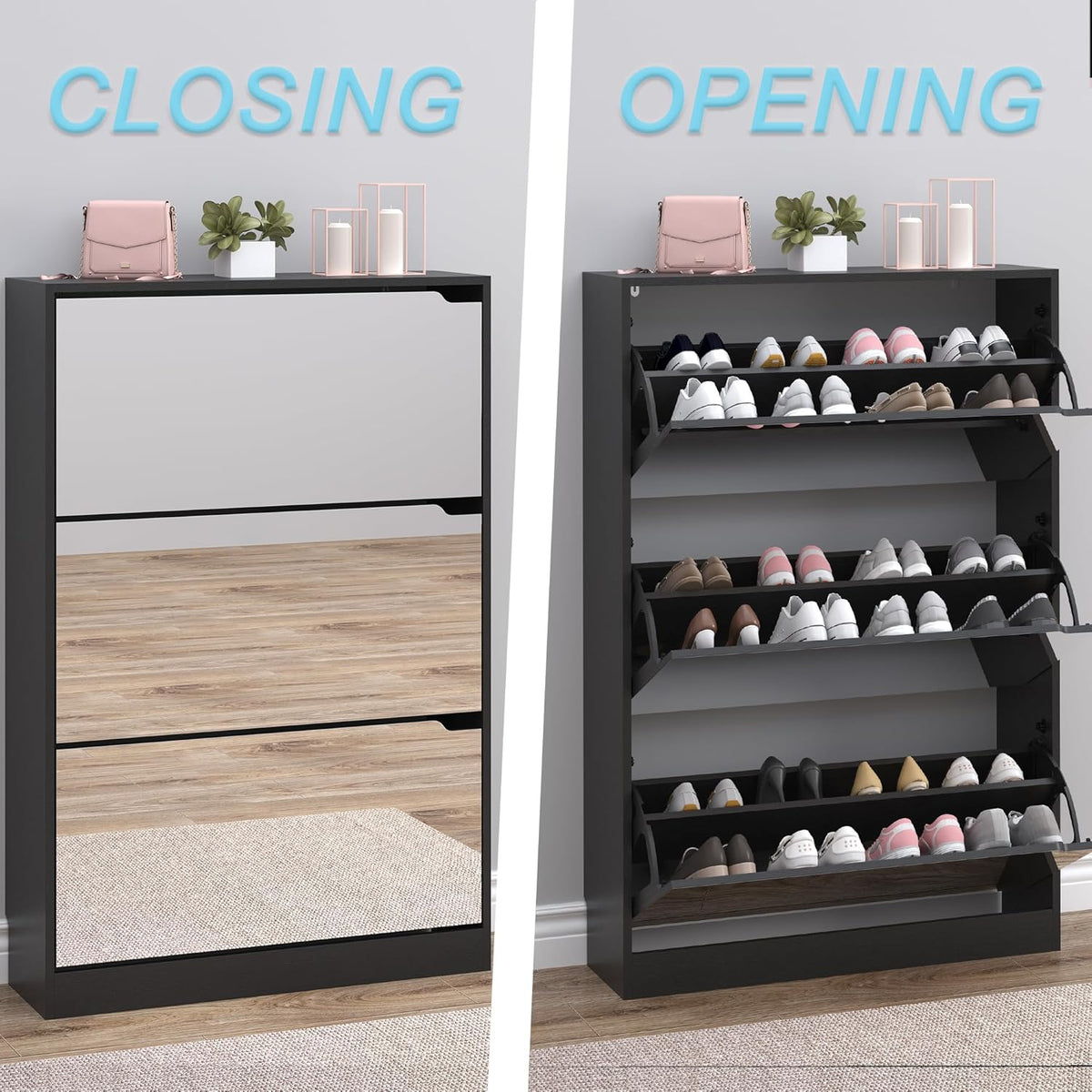 Shoe Cabinet with 3-Flip Mirror Drawers, Freestanding Shoe Rack Organizer with Hidden Handle, Slim