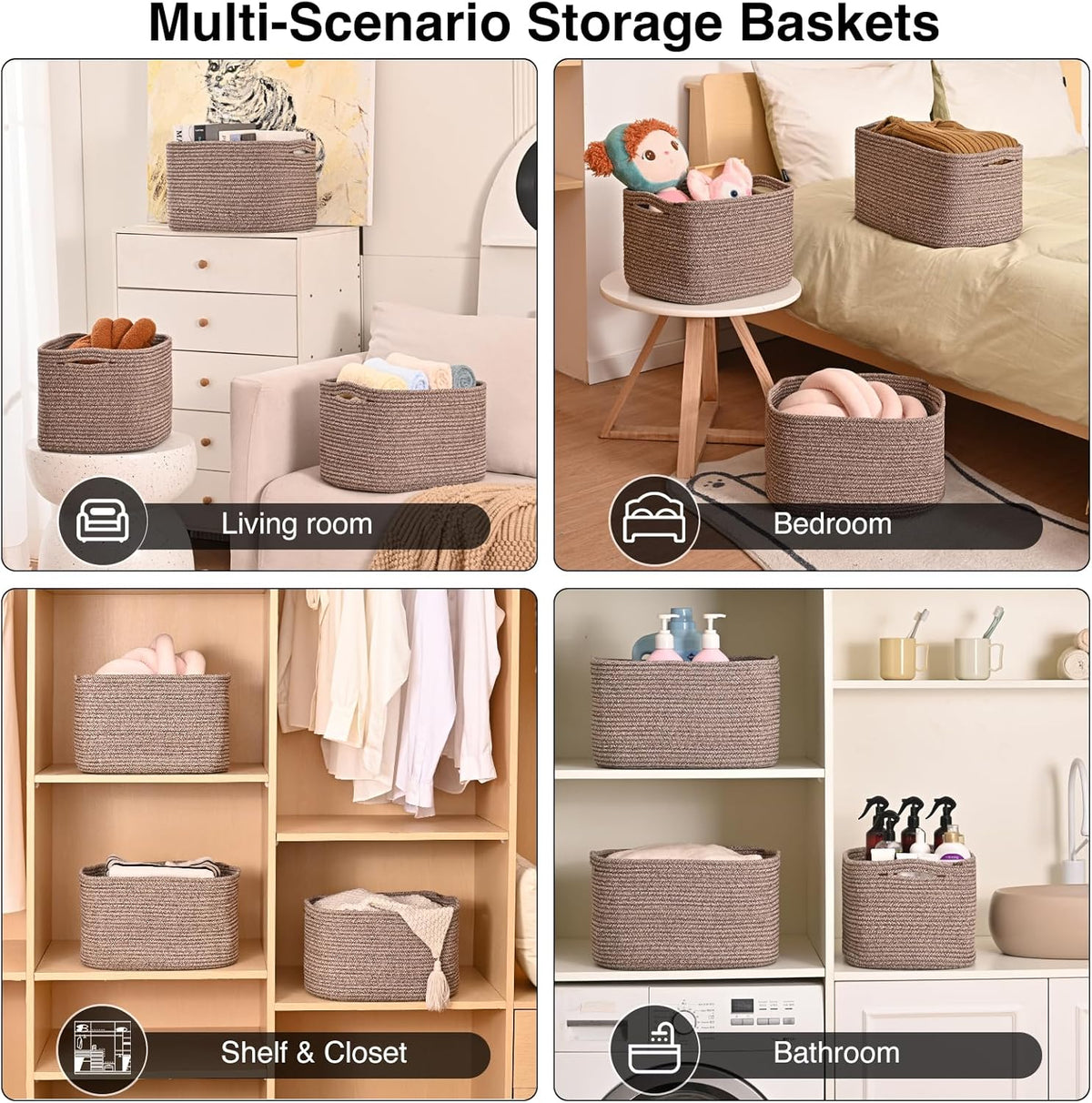 Storage Baskets for Organizing Shelves, Woven Cotton Rope Bins for Baby Nursery Organization, Book