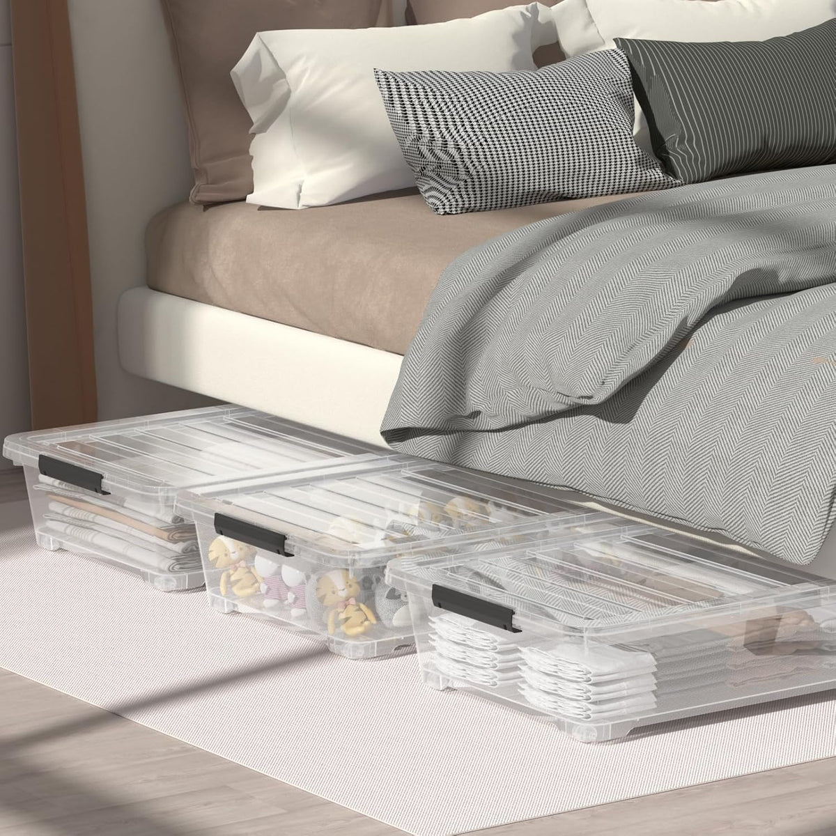 4 Packs Under Bed Storage Containers with Clear Lid, Large Stackable Plastic Latching Bins with