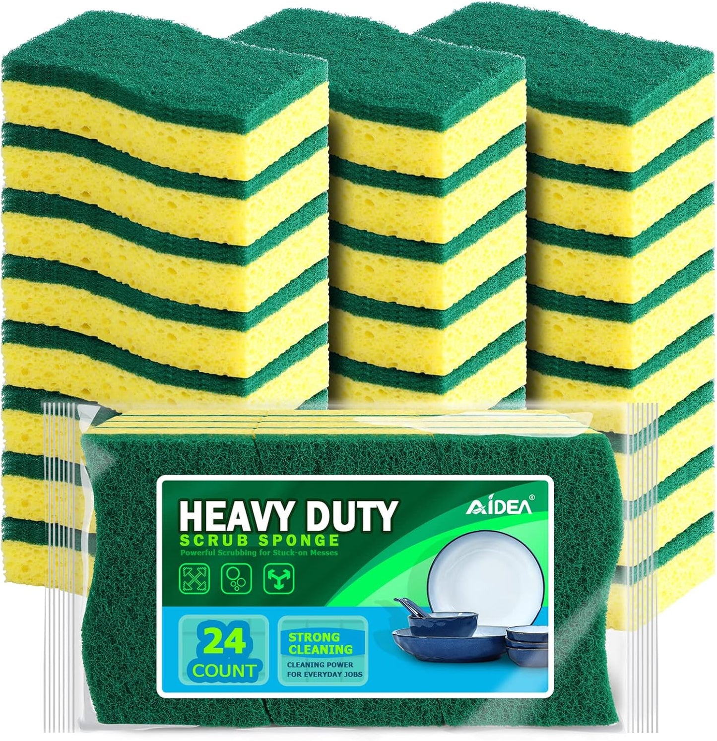 AIDEA Sponges Kitchen, Heavy Duty Scrub Sponge-24Count, Sponges for Dishes, Cellulose Dish Sponge