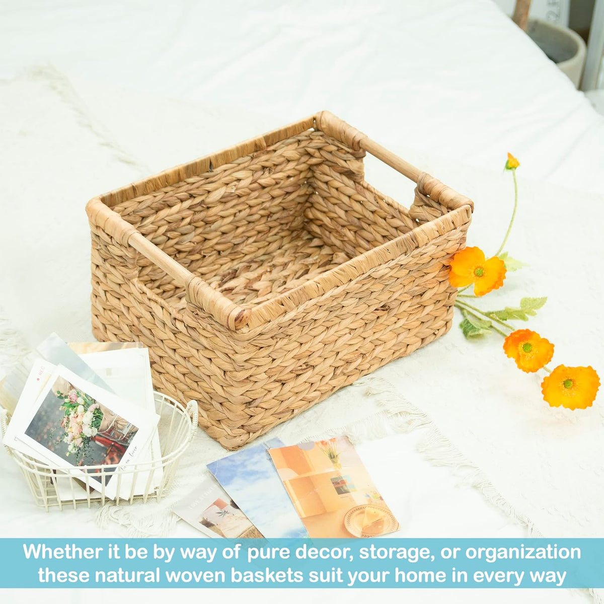 VATIMA Large Rectangular Wicker Basket with Wooden Handles for Shelves and Storage - Natural Water