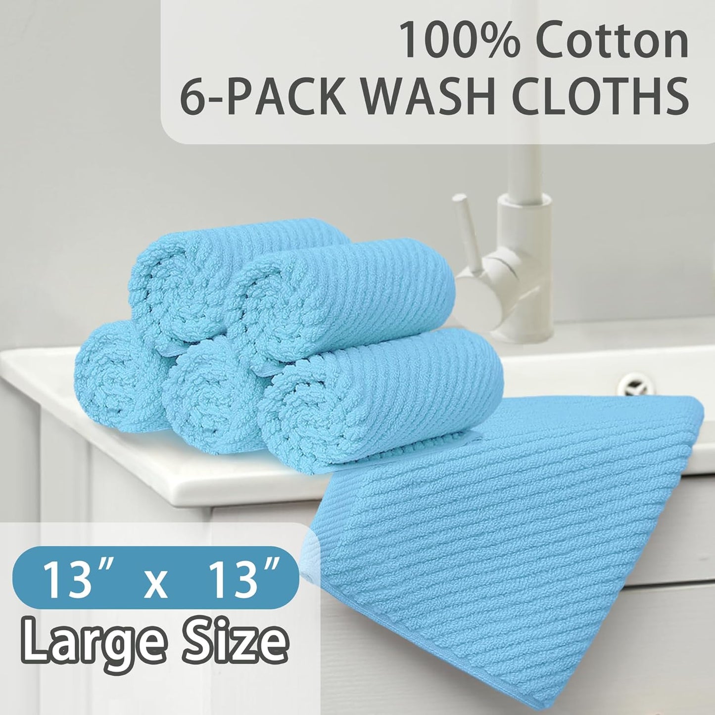 VOOVA & MOVAS Blue Washcloths (6PC, Large 13" x 13") - 100% Cotton | Lightweight | Thick | Quick
